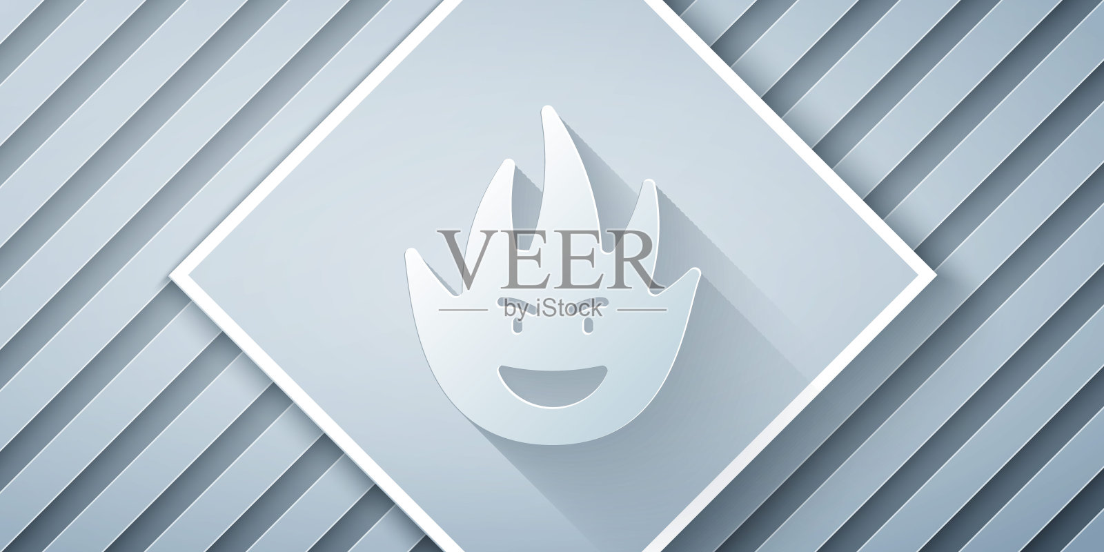 剪纸火火焰图标孤立的灰色背景。纸艺术风格。向量图标素材