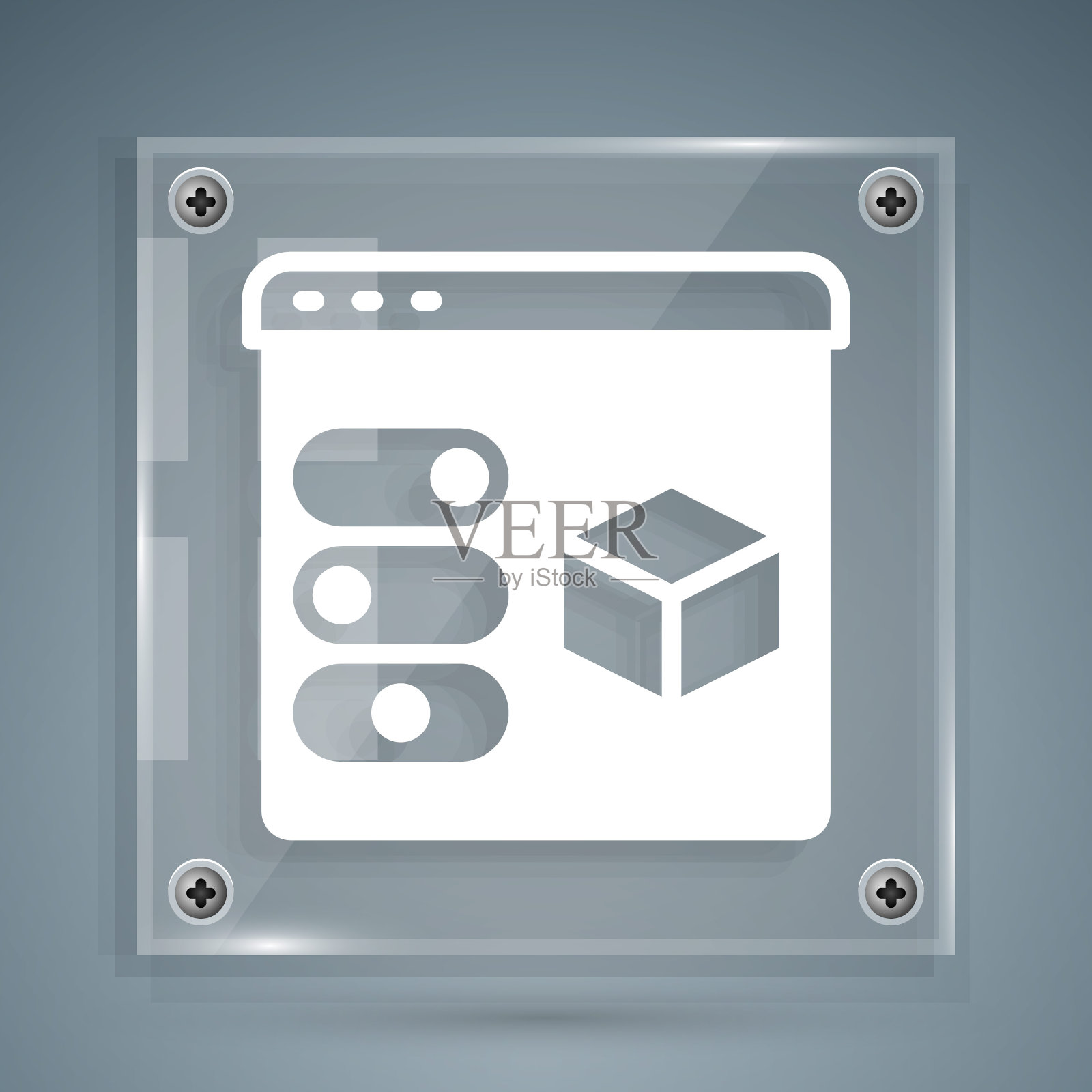 白色3D打印机图标孤立在灰色背景上。3 d打印技术。方形玻璃面板。向量插画图片素材