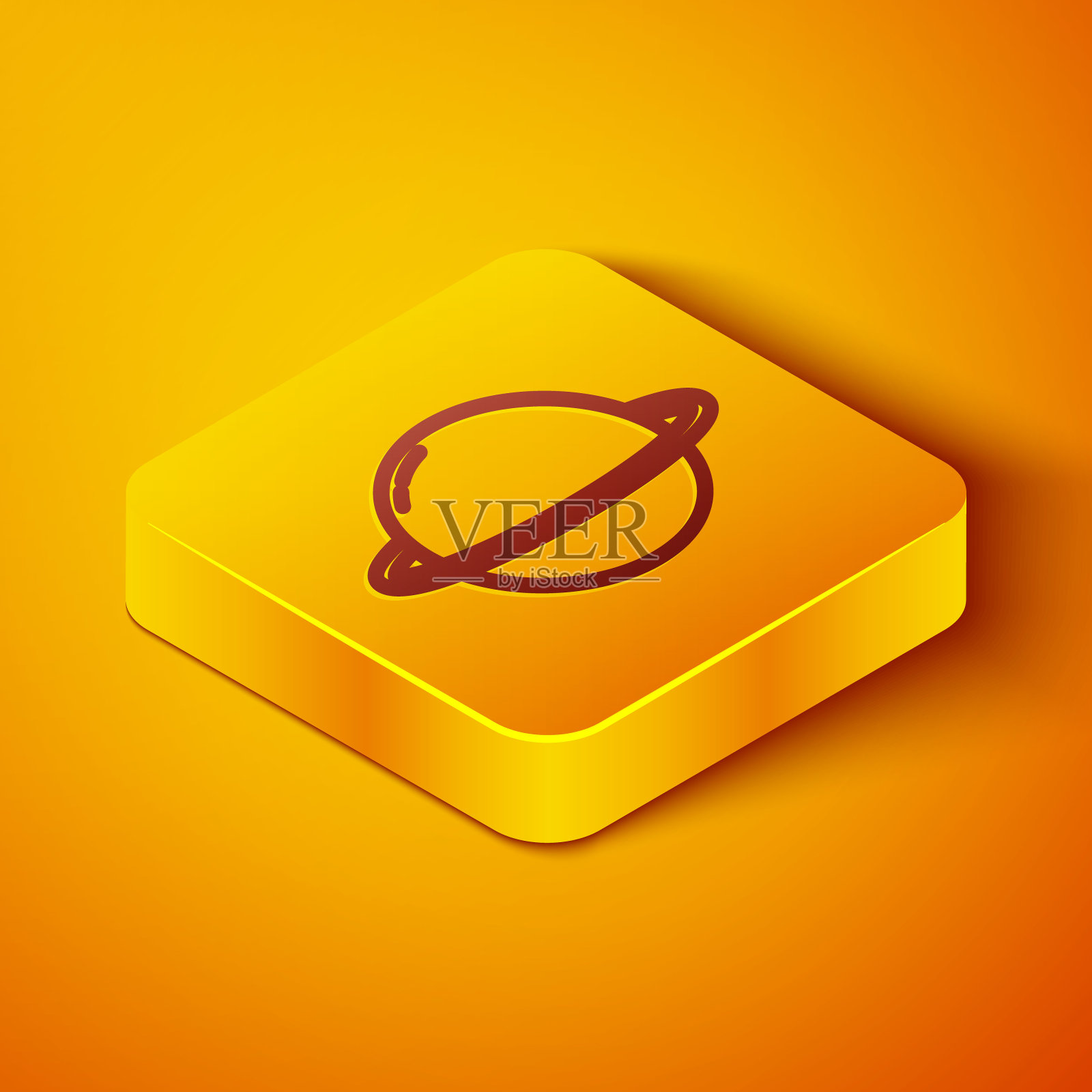 等距线行星土星与行星环系统图标孤立在橙色背景。黄色正方形按钮。向量图标素材