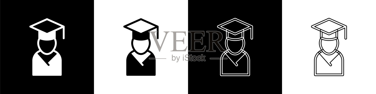 设置毕业和毕业帽图标孤立在黑白背景上。向量插画图片素材