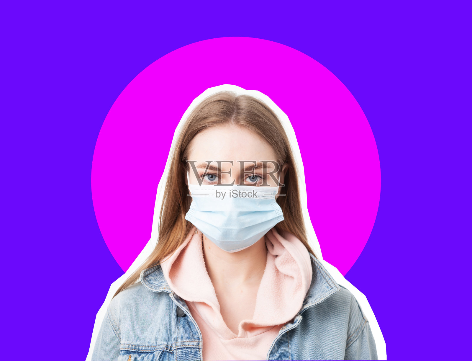 创意zine风格拼贴妇女在医用面具霓虹灯圆形背景。超现实主义。Minmal。波普艺术照片摄影图片