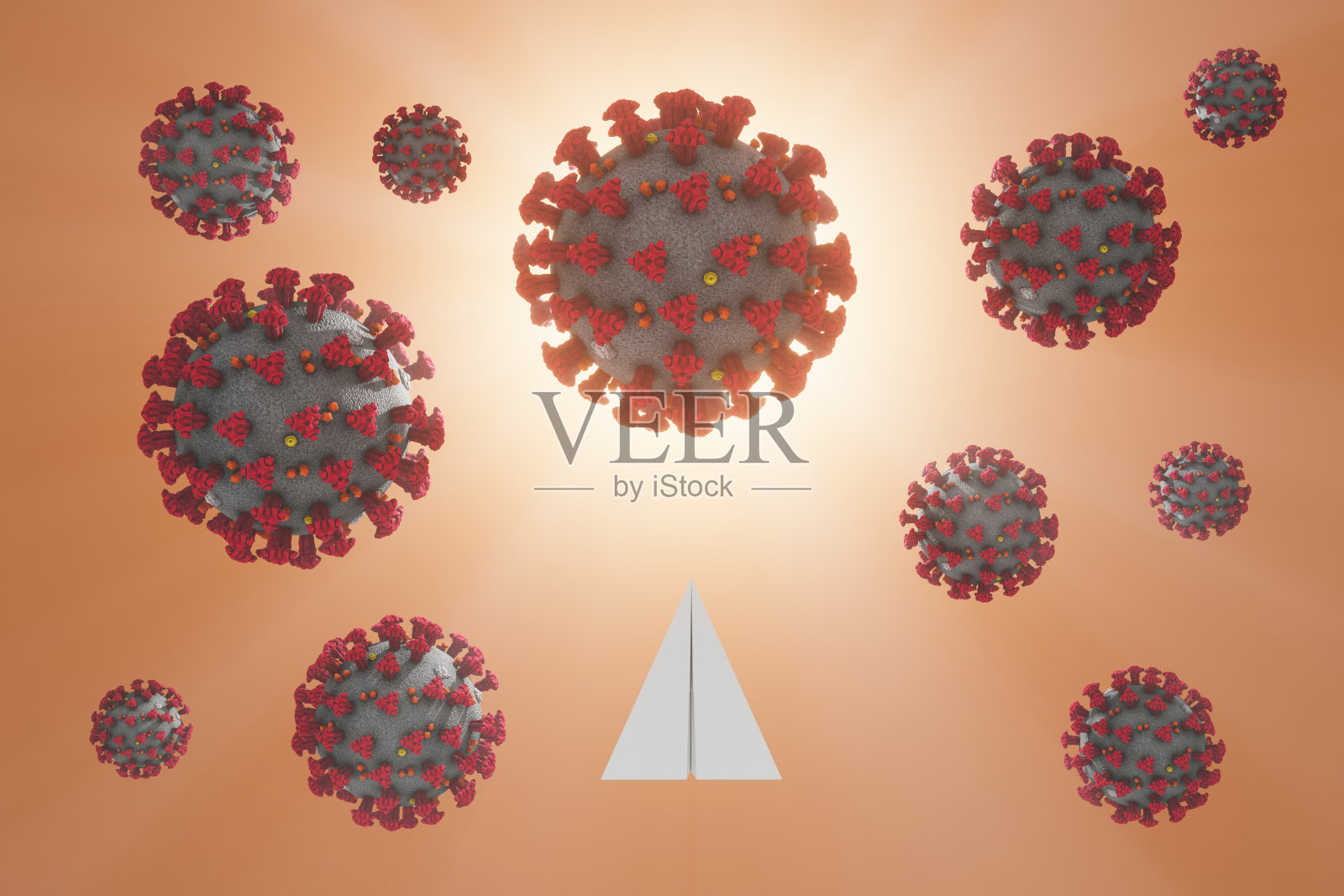 冠状病毒旅行限制、纸飞机和covid细胞。三维演示照片摄影图片