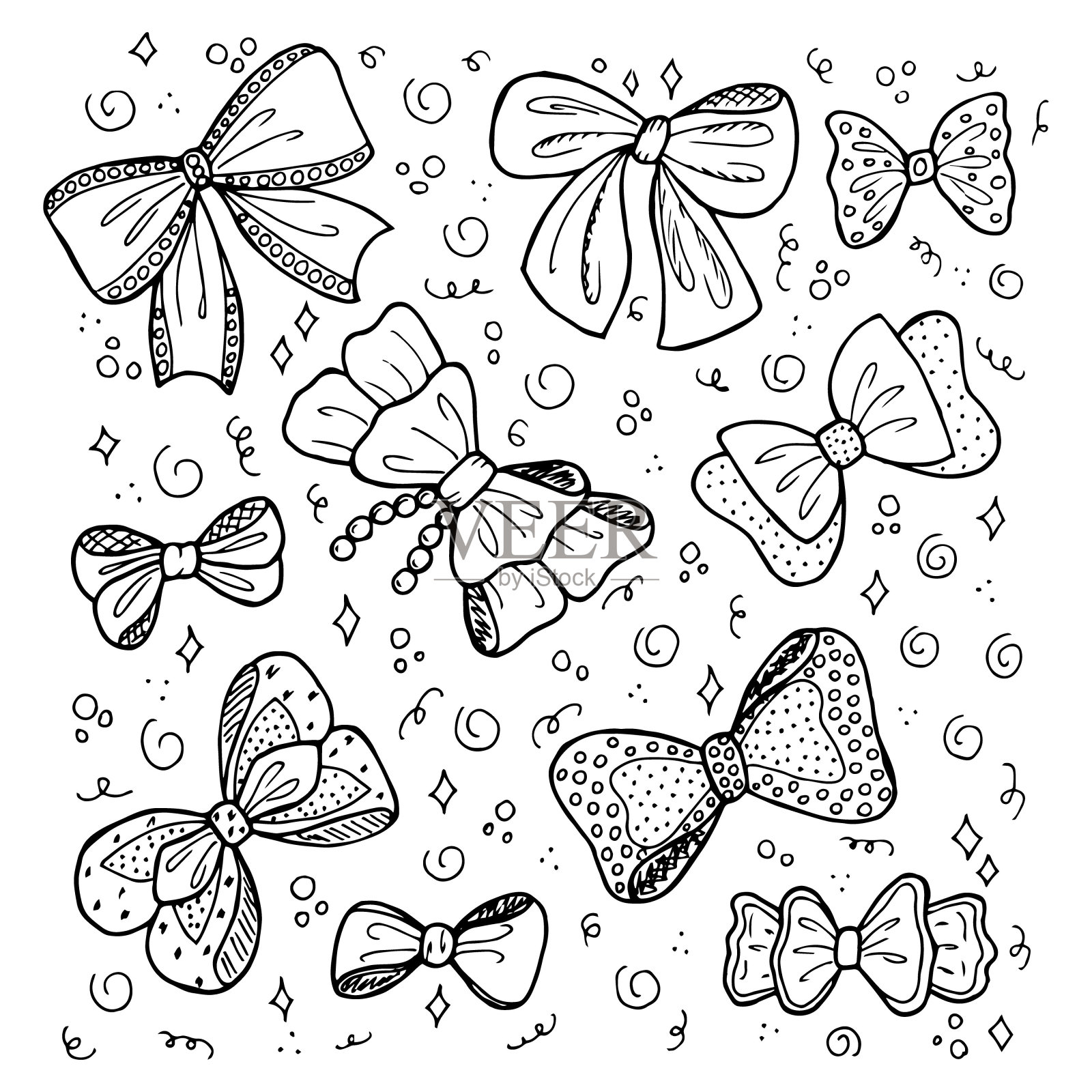 为不同类型的设计手绘一套蝴蝶结涂鸦风格。黑白矢量插图。设计元素图片