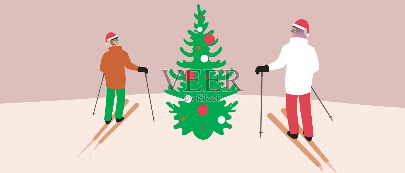 一对滑雪者与圣诞树，圣诞节装饰，平面矢量插图滑雪场在冬季或新年滑雪作为极端休闲插画图片素材