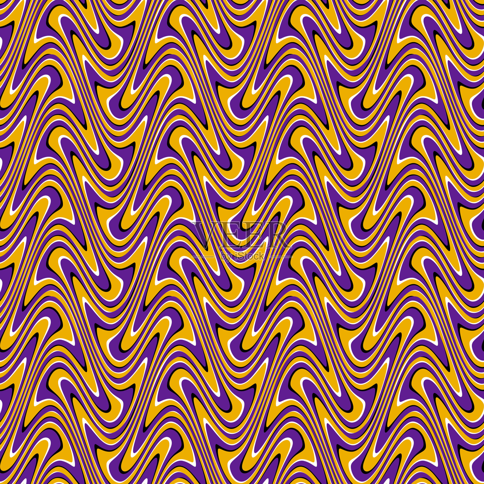 视错觉充满活力的无缝图案。移动可重复纹理的紫色和金色扭曲条纹。插画图片素材