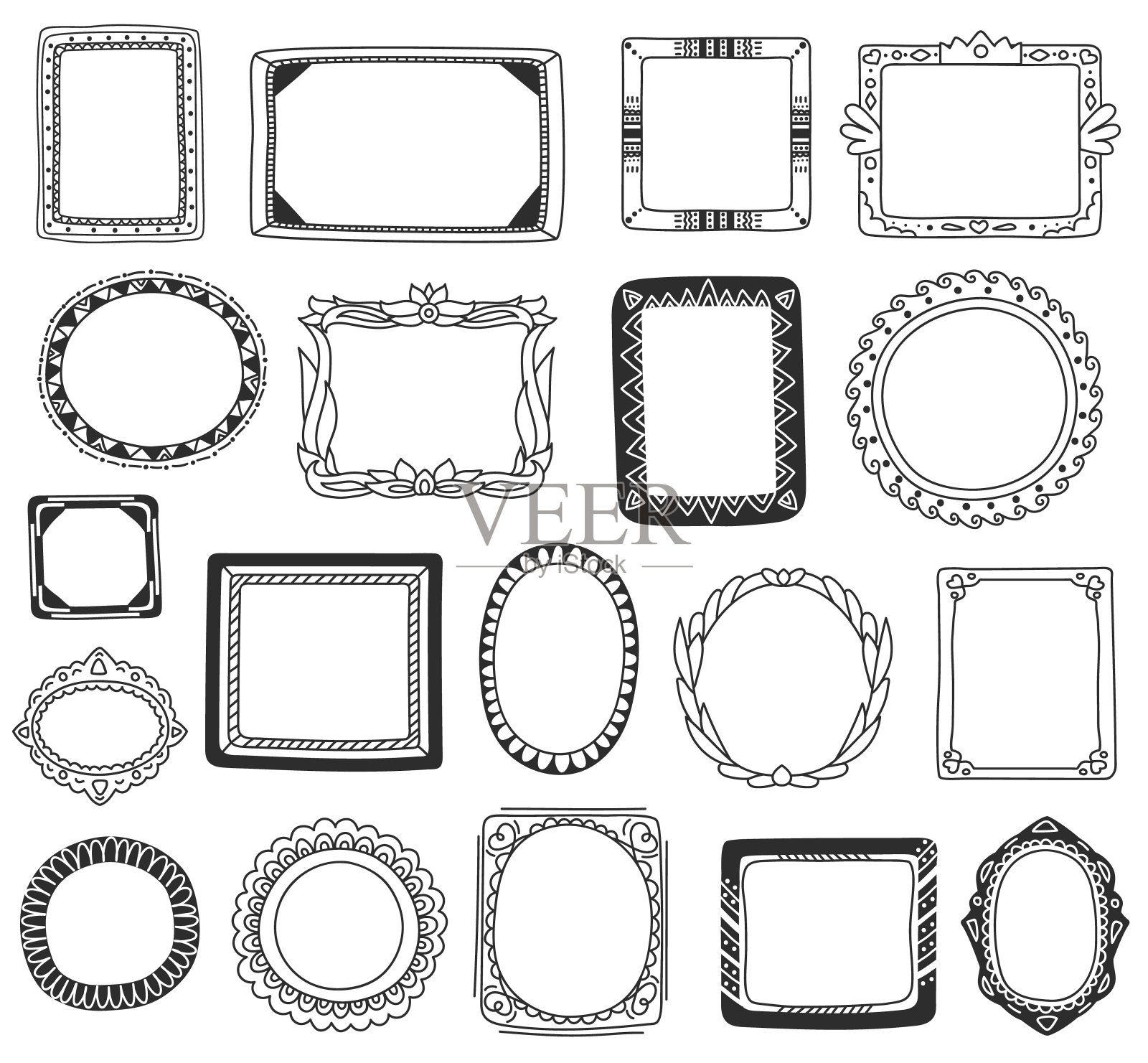 手绘相框，画框涂鸦。装饰边界，复古涂鸦边界与装饰品，剪贴簿元素向量集设计元素图片