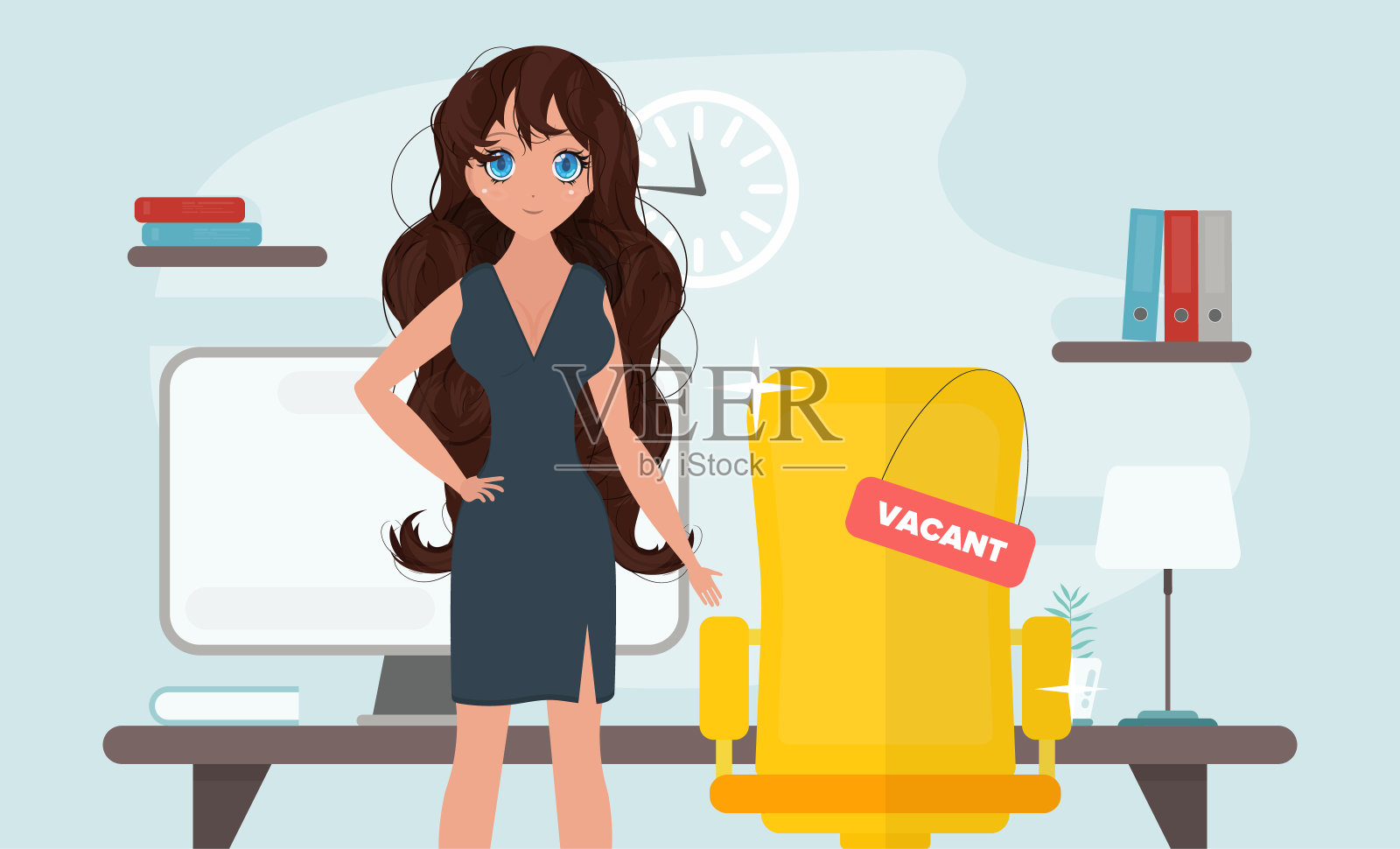 这个女孩在找一个雇员。简单和时尚的矢量概念设计。友好的女商人站在椅子旁边，拿着一个空的标志。插画图片素材
