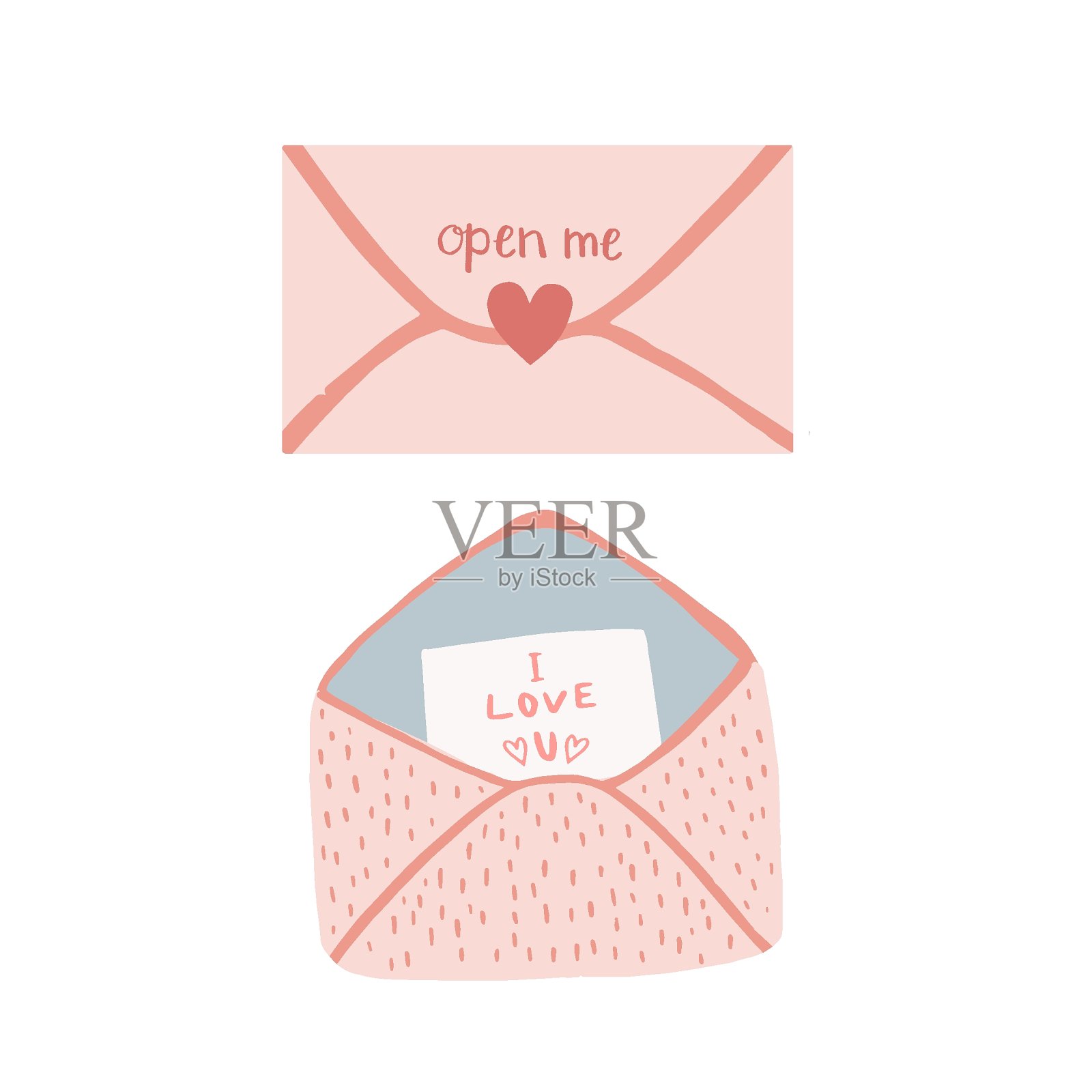 为我写一封浪漫的情书和情人节的信封，白色背景插画图片素材