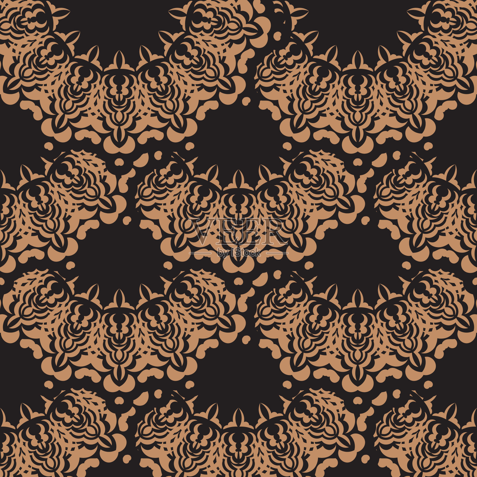 黑橙色无缝图案与复古饰品。适用于封面、织物、明信片和印刷。矢量插图。插画图片素材