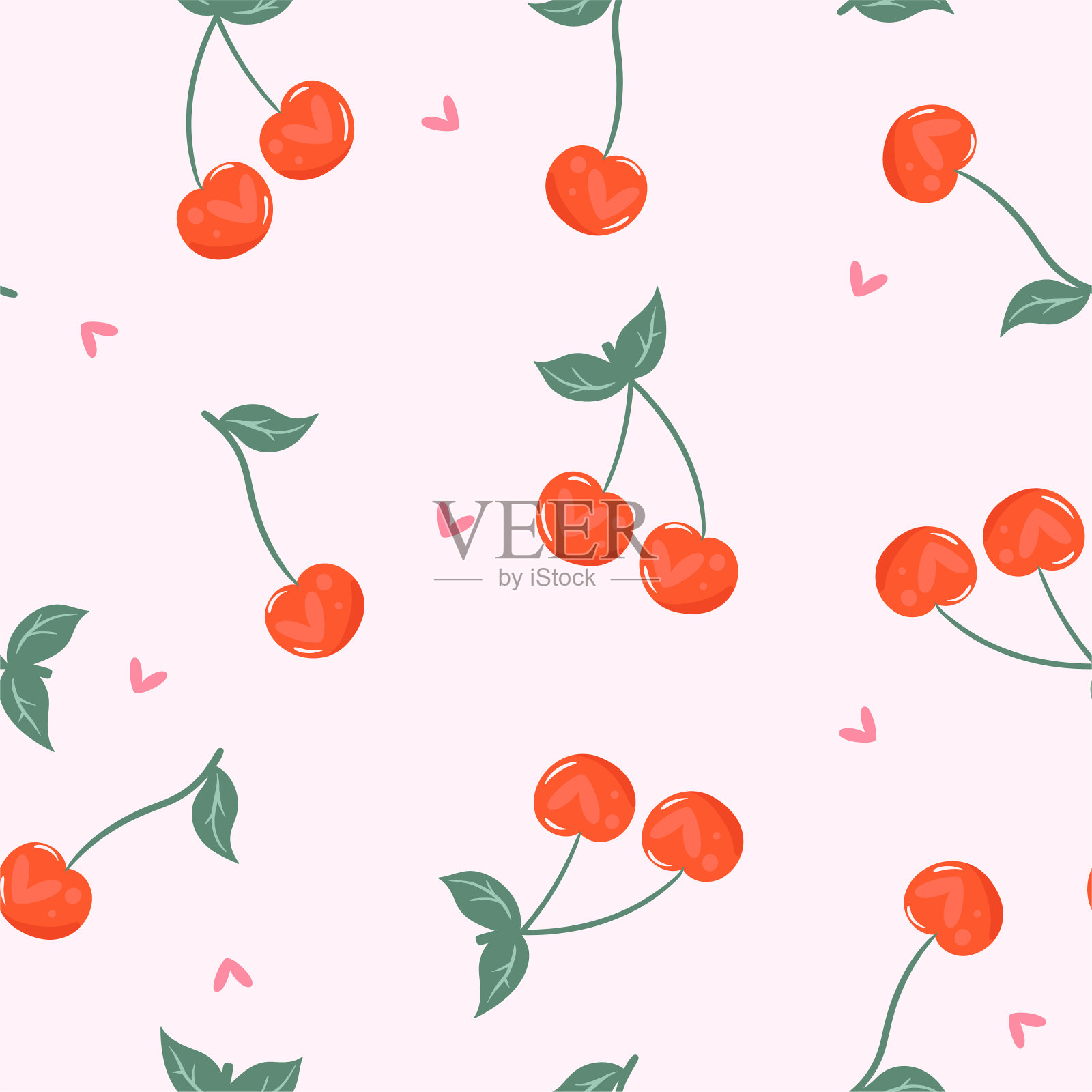樱桃和心形的无缝图案。矢量图形。插画图片素材