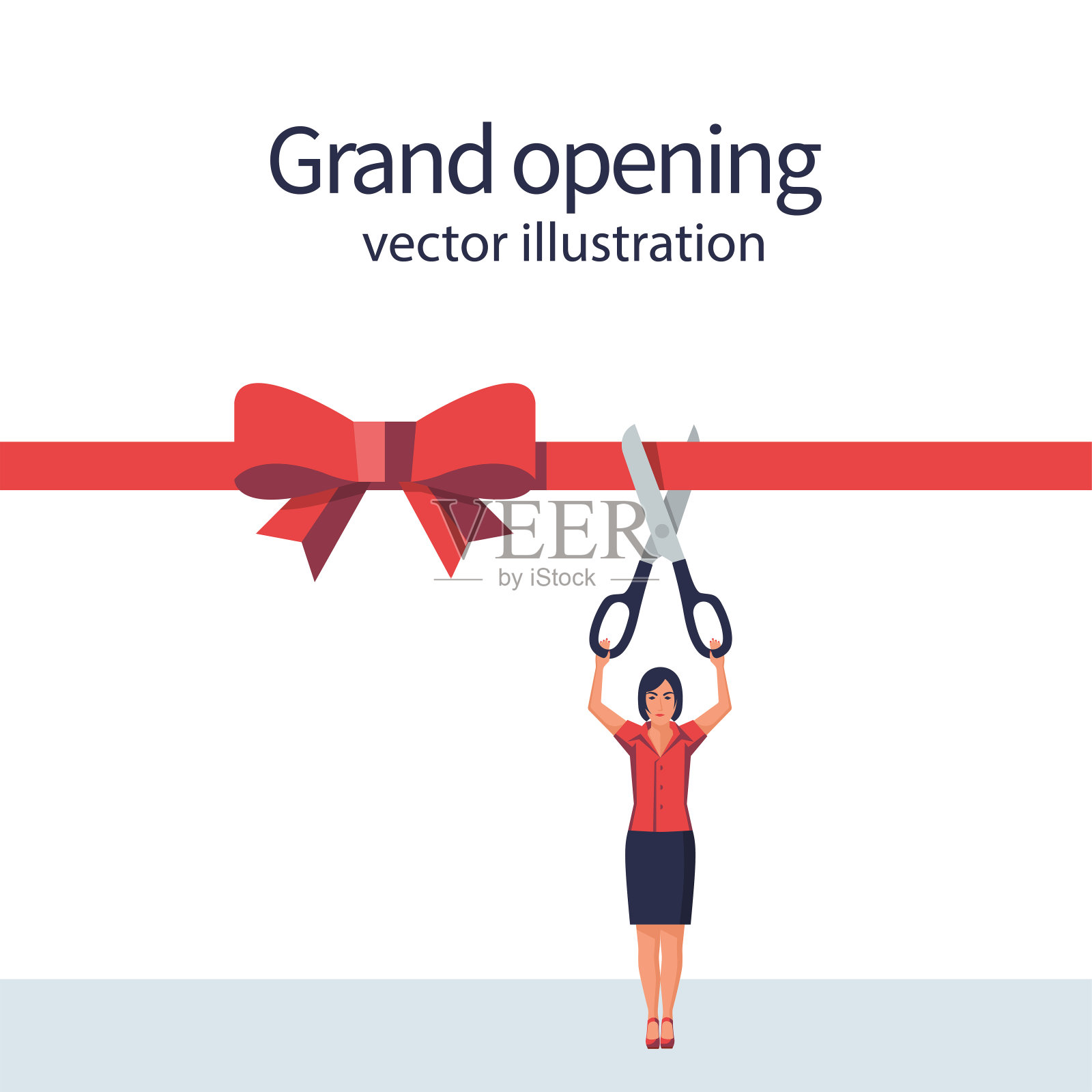 女人正拿着大剪刀剪红丝带。平面向量。插画图片素材