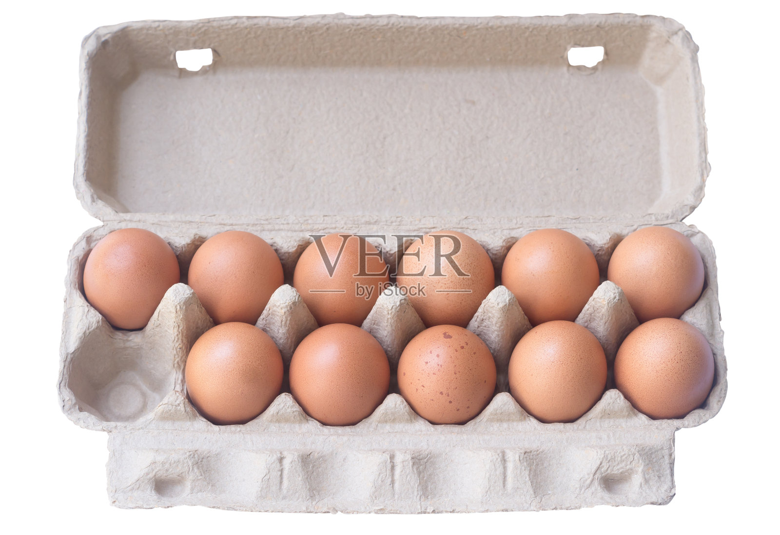 俯视图照片新鲜的有机鸡蛋在开放的纸箱或容器孤立在白色背景照片摄影图片