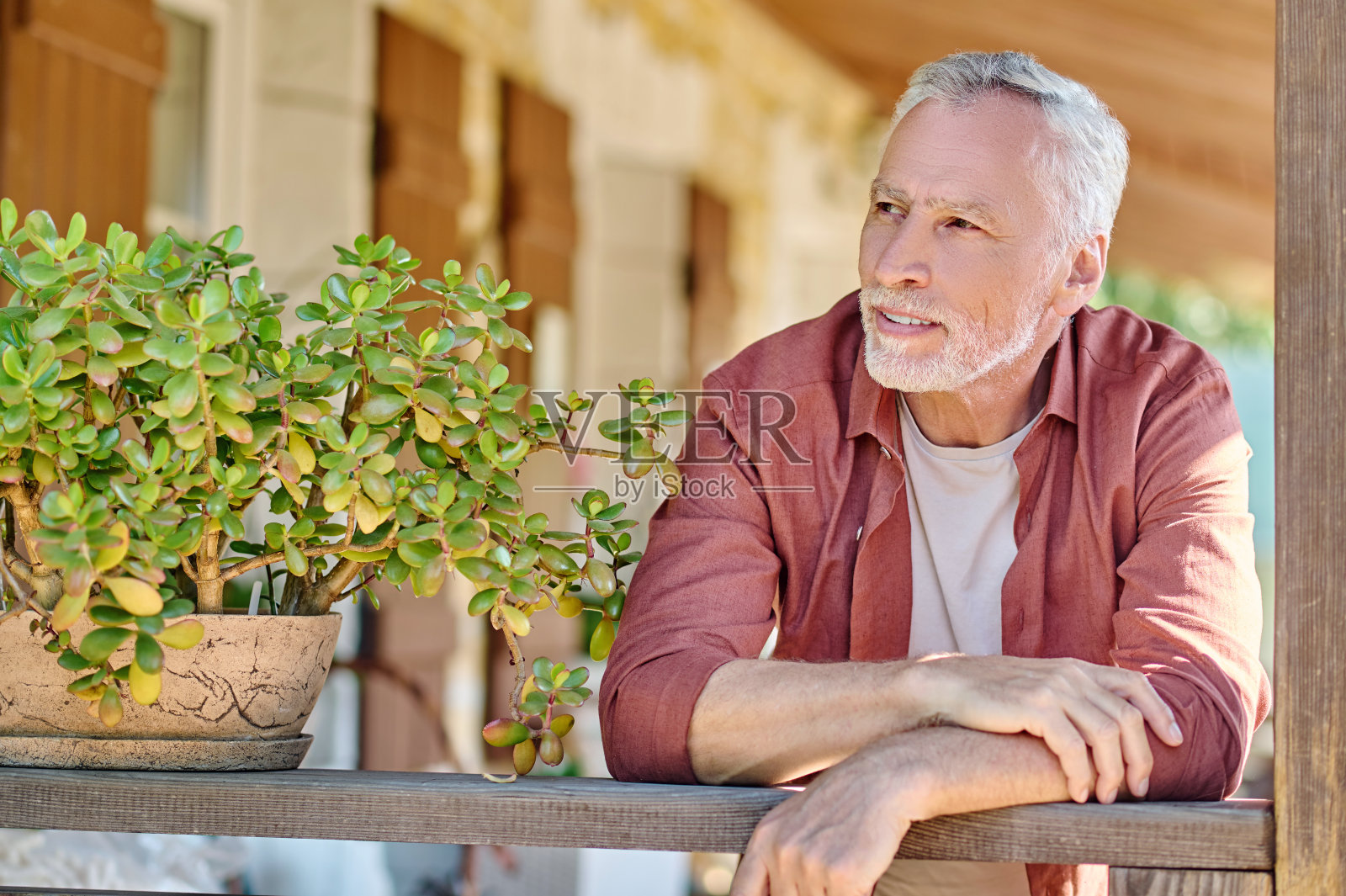 成熟的白发男人站在那里，若有所思照片摄影图片