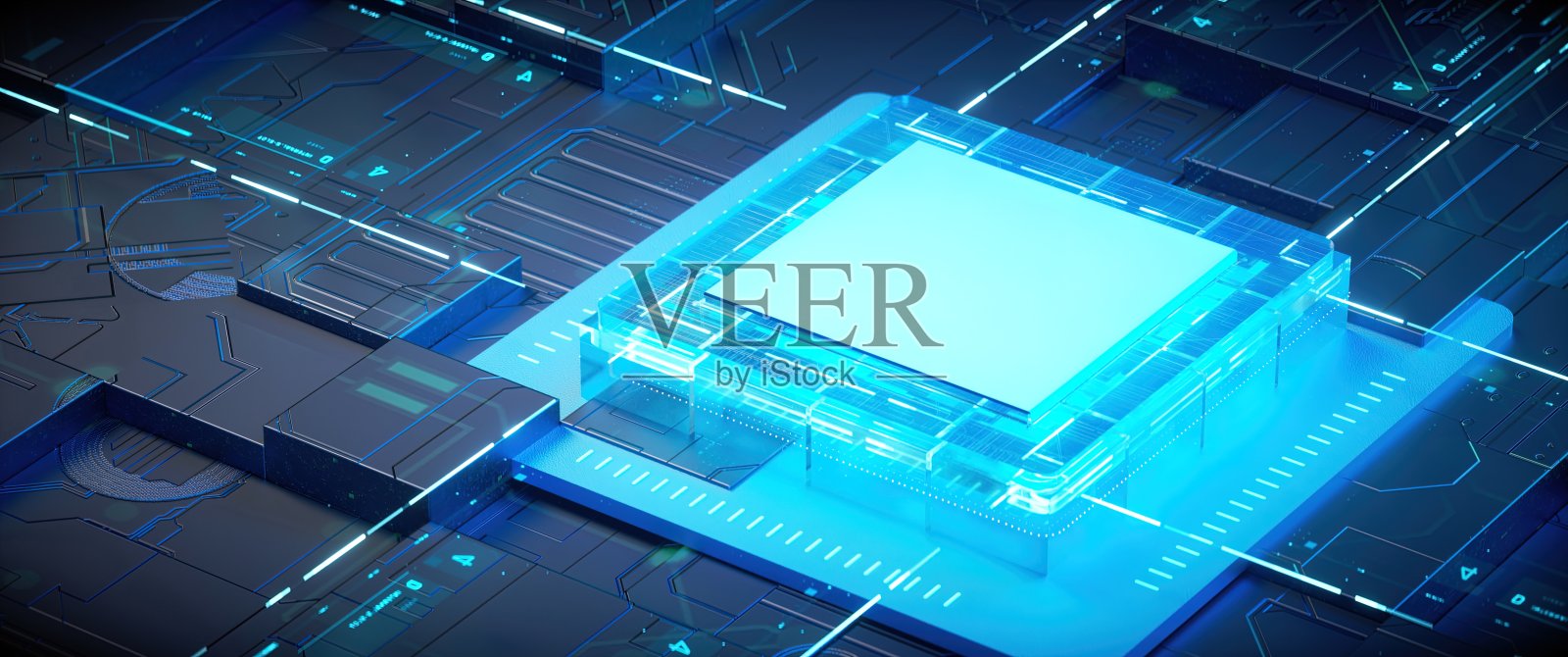 赛博朋克AI的3D渲染。电路板。技术背景。中央计算机处理器CPU和GPU的概念。数字芯片主板。技术科学背景。照片摄影图片