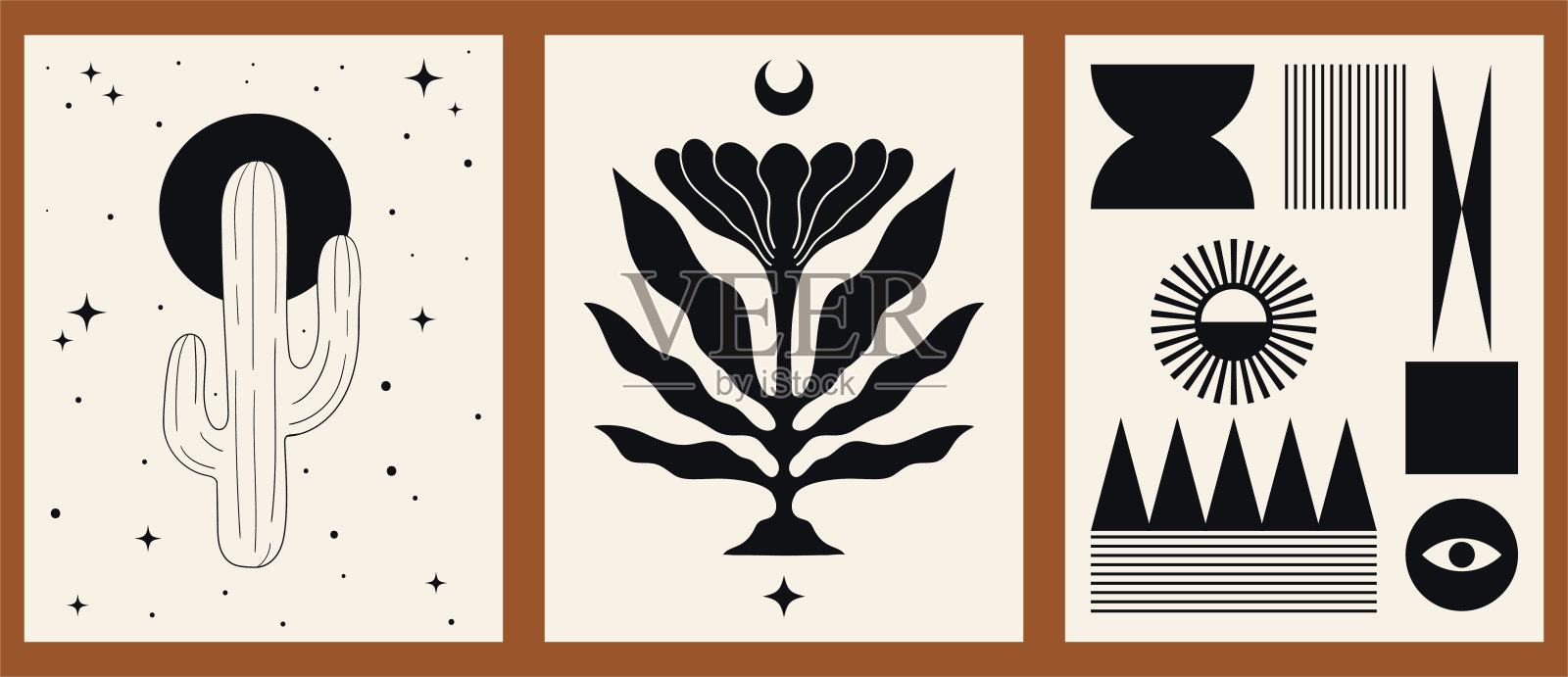 复古时尚的插图在波西米亚风格与太阳，线条，植物，花，眼睛，仙人掌。插画图片素材