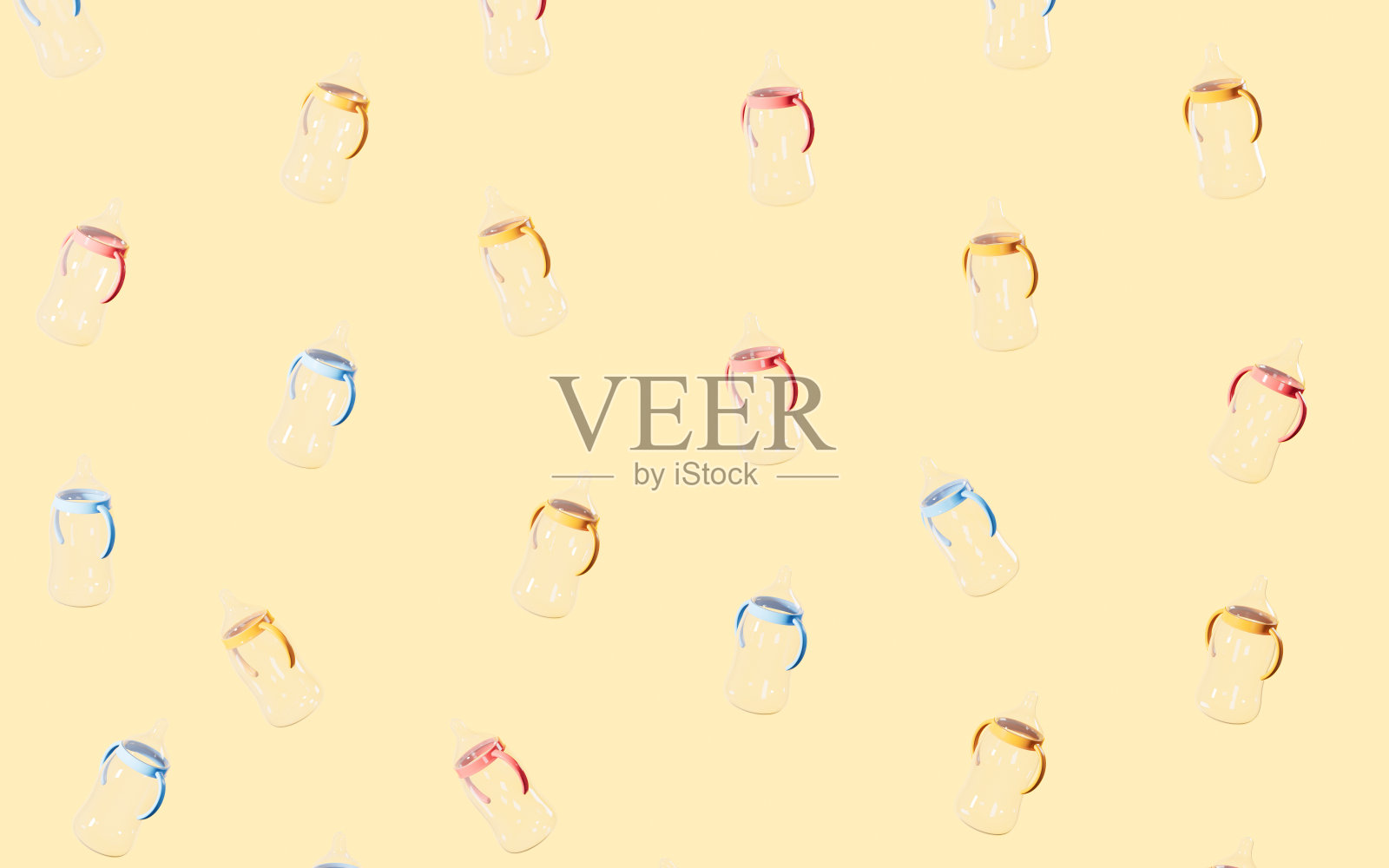 许多喂食瓶在空中飞舞，3d渲染。照片摄影图片