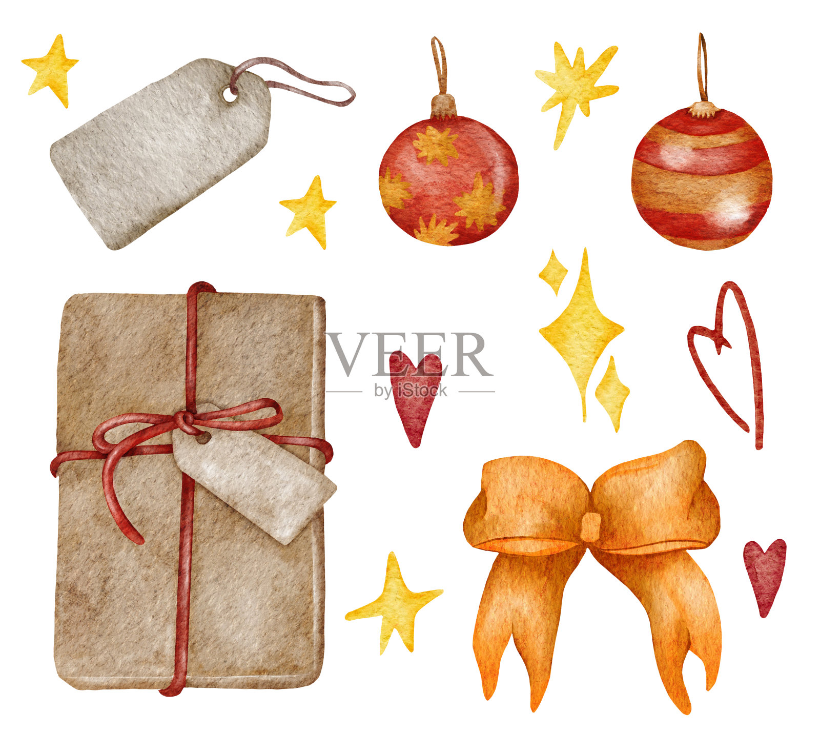 水彩圣诞剪纸艺术。中性的圣诞礼物。牛皮纸。插画图片素材