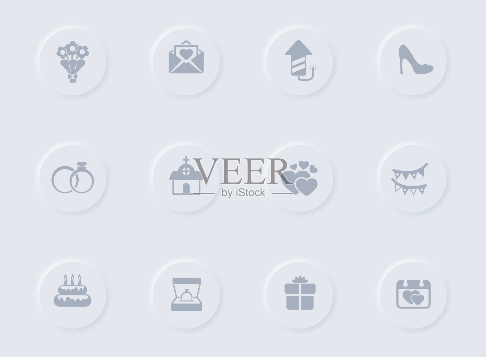 婚礼灰色矢量图标上圆形橡胶按钮。婚礼图标设置为web，移动应用程序，UI设计和促销业务测谎图标素材