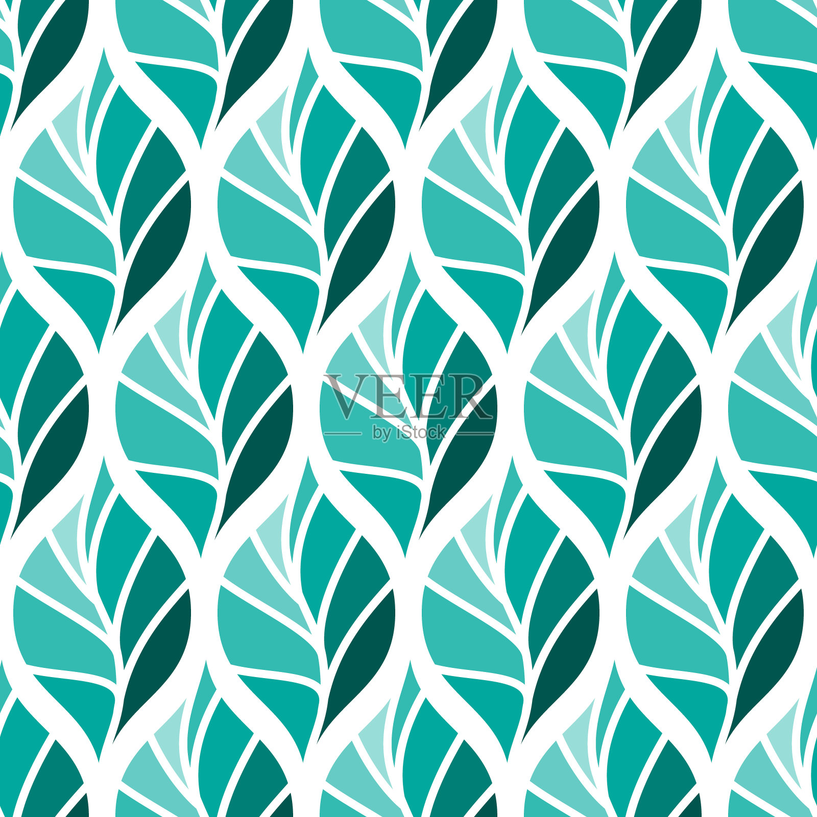 花卉无缝模式。绿松石色，青色，绿色的叶子。简单复古的纺织品和纸张设计插画图片素材