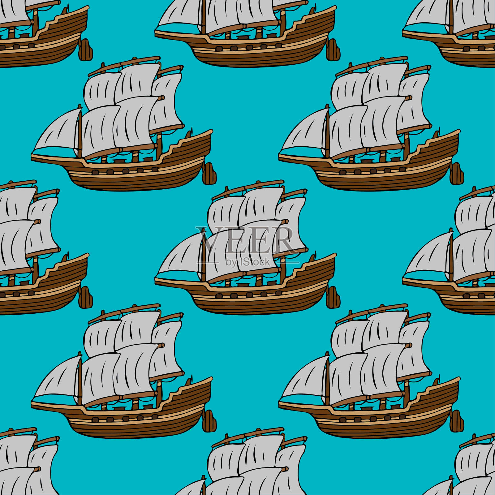 蓝色背景上的旧木制帆船。无缝模式。矢量手绘。纹理。插画图片素材