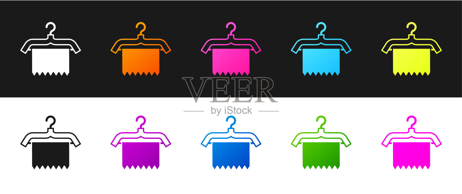 设置衣架图标孤立在黑色和白色的背景。干净的毛巾的迹象。衣帽间图标。衣服服务的象征。洗衣吊架。向量插画图片素材