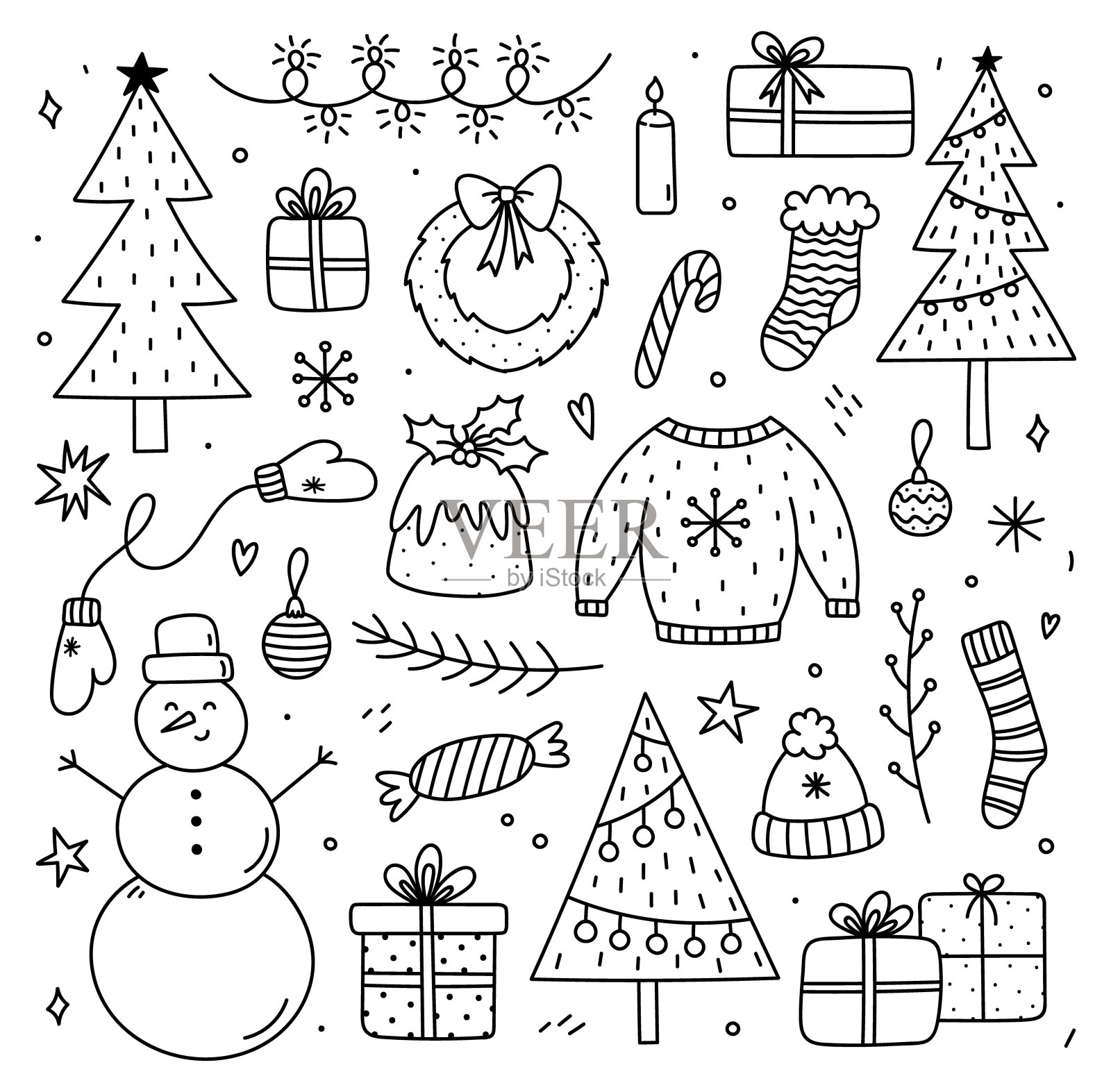 可爱的冬季涂鸦集-圣诞树，花环，礼物，雪人，小玩意，丑毛衣，花环，暖和的衣服。矢量卡通手绘插图。完美的假日设计，卡片，邀请插画图片素材
