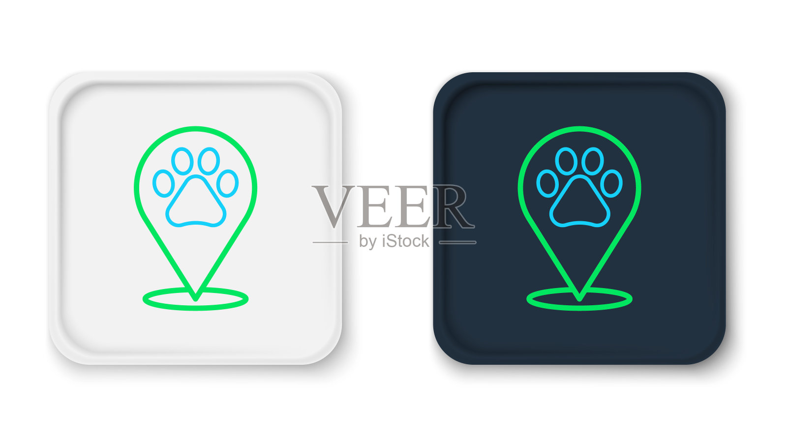 线地图指针与兽医医院，诊所或宠物店的动物图标孤立在白色背景上。兽医或兽医诊所。色彩斑斓的轮廓的概念。向量图标素材