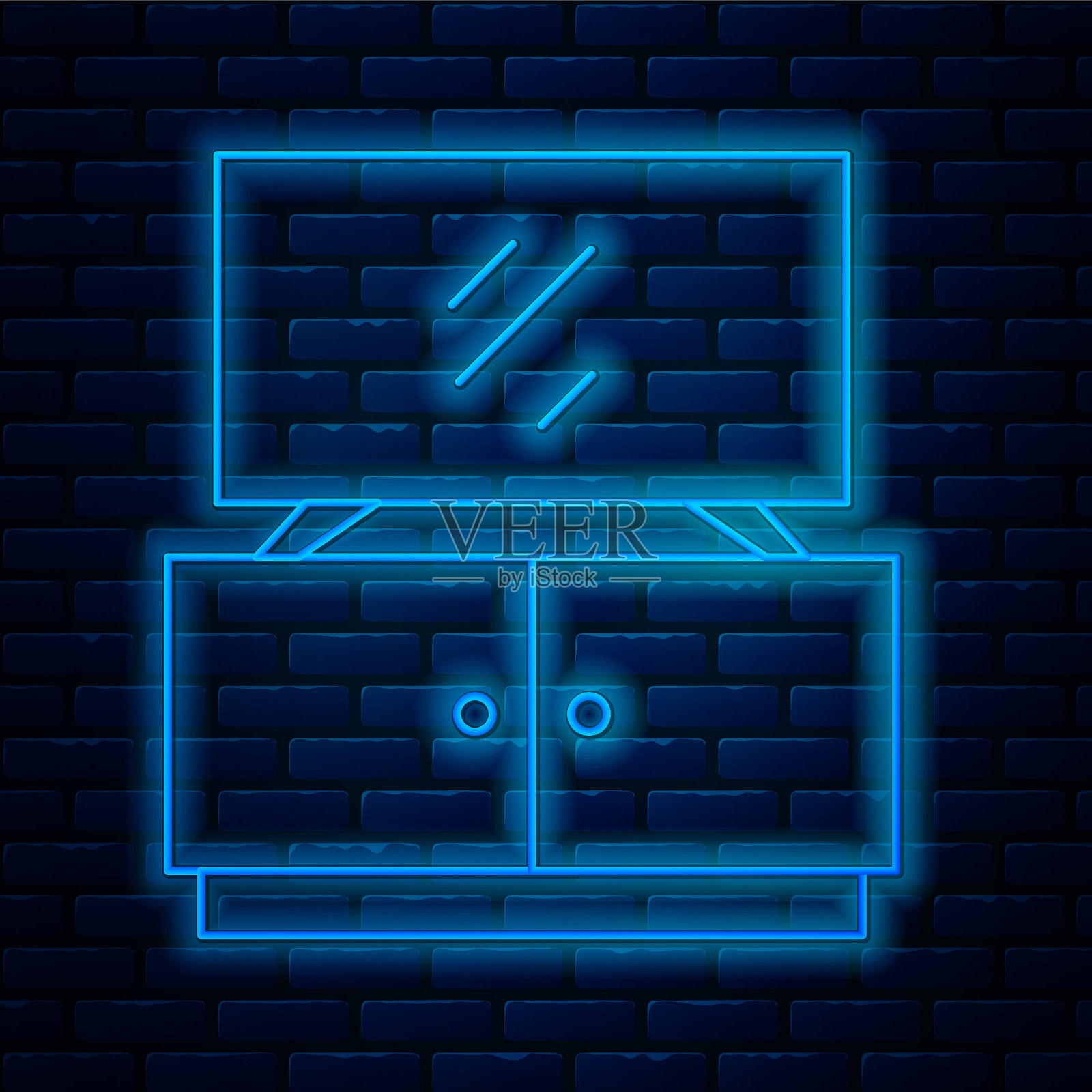 发光的霓虹灯线电视台架图标孤立在砖墙背景上。向量插画图片素材