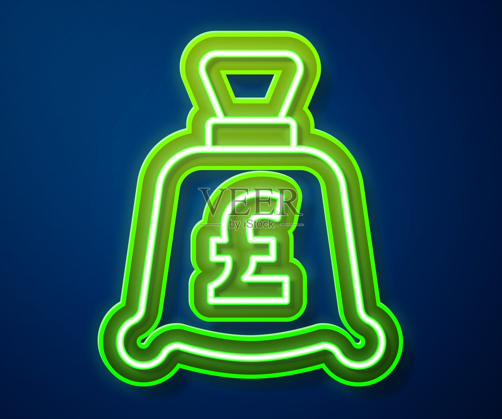发光的霓虹灯线硬币钱与英镑符号图标孤立在蓝色背景上。银行货币符号。现金的象征。向量插画图片素材