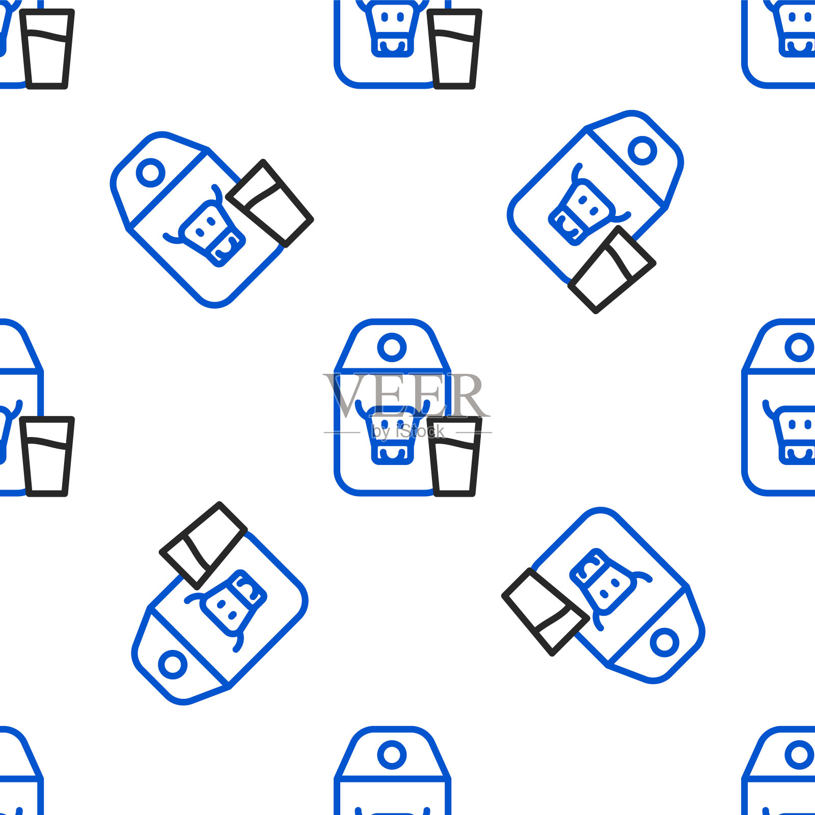 线纸包装牛奶和玻璃图标孤立无缝图案在白色背景。奶包的迹象。色彩斑斓的轮廓的概念。向量插画图片素材