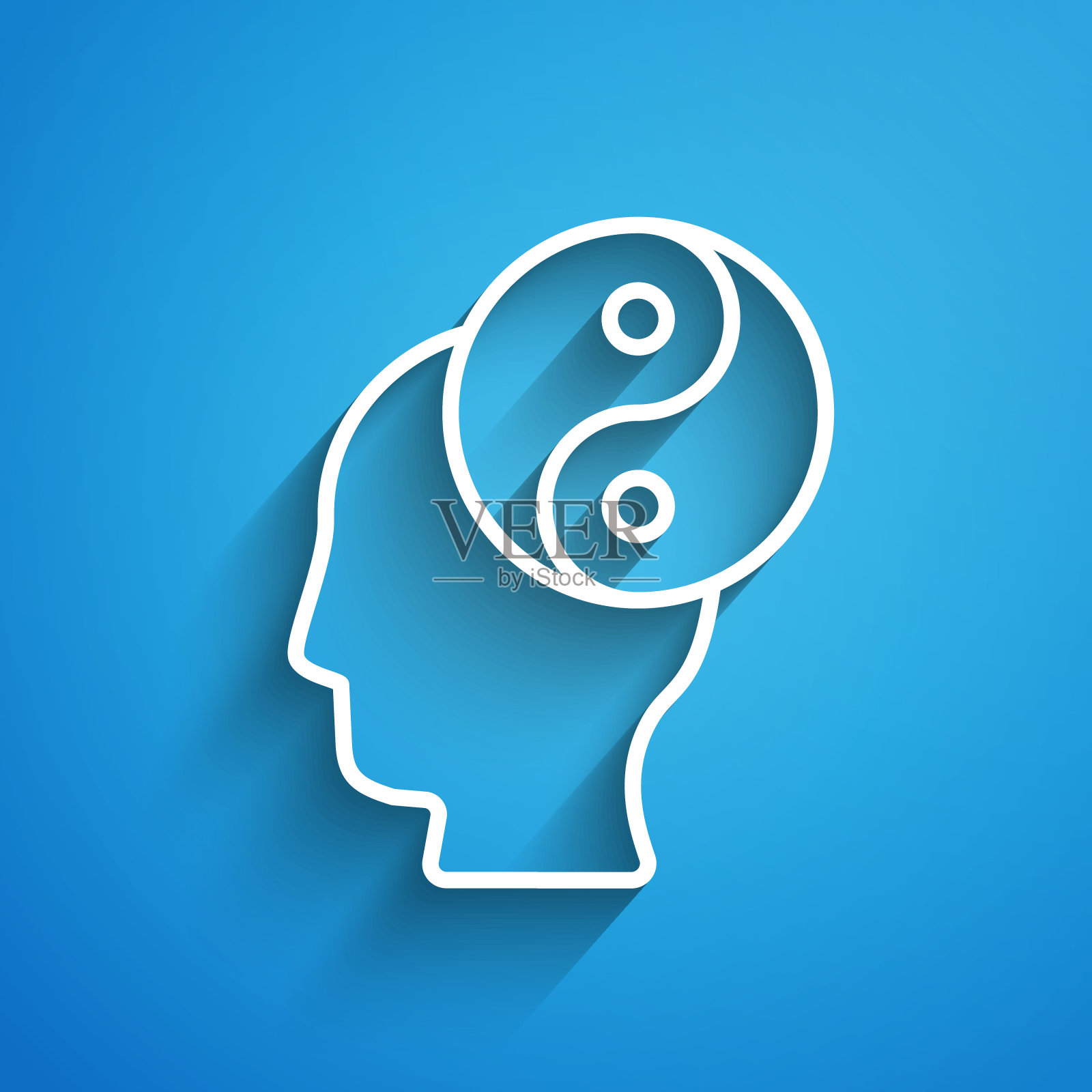 白线象征阴阳的和谐与平衡，图标孤立在蓝色背景上。长长的阴影。向量插画图片素材