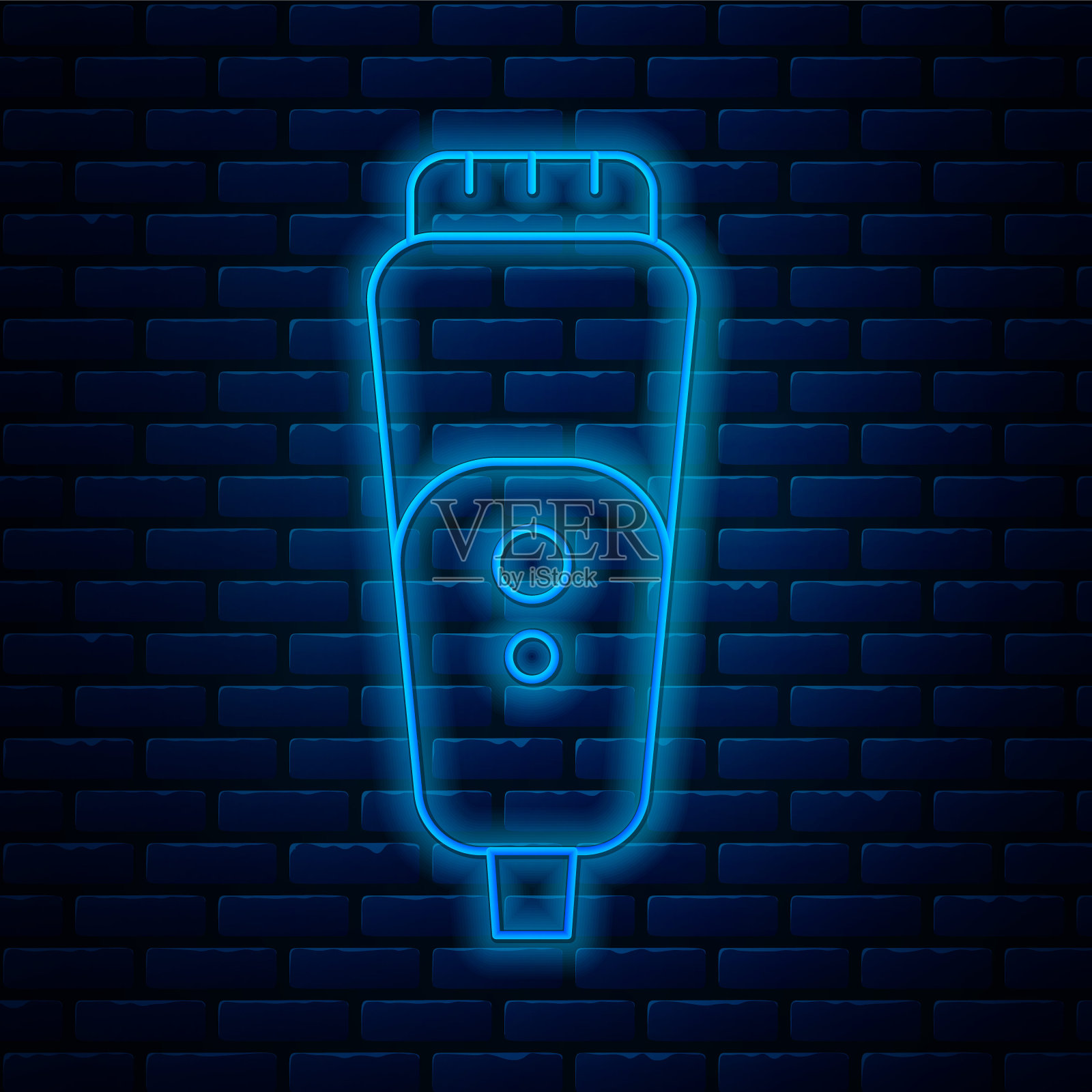 发光的霓虹灯线电动剃须刀片男性图标孤立在砖墙背景上。电动刮胡刀。向量插画图片素材