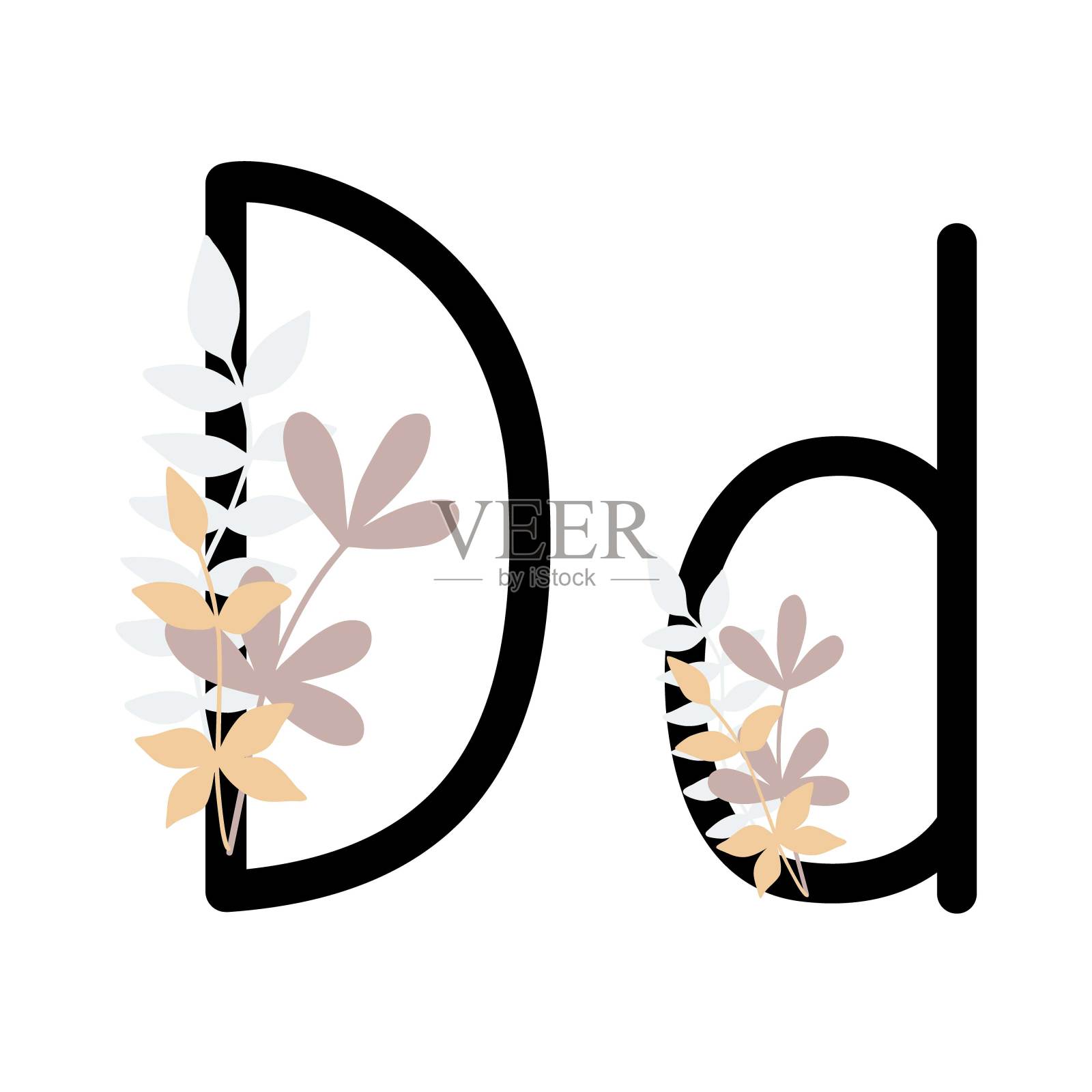 字母D的英语，拉丁字母大写，花装饰小写，花字母组合矢量插图在简单的波西米亚风格，平面柔和彩色装饰字母设计元素图片