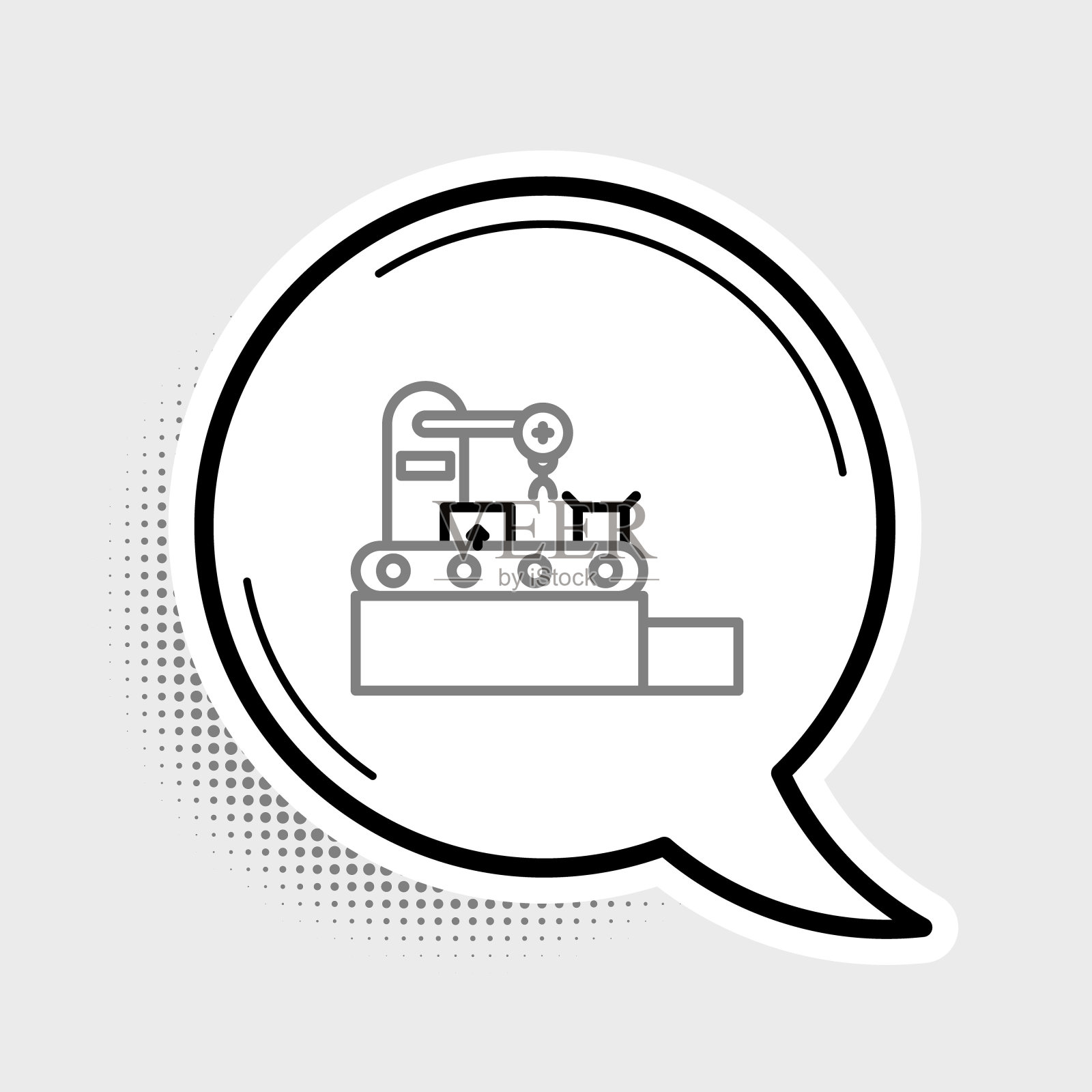 线厂输送系统皮带与纸箱工程机械图标孤立在灰色背景上。机器人产业的概念。色彩斑斓的轮廓的概念。向量插画图片素材