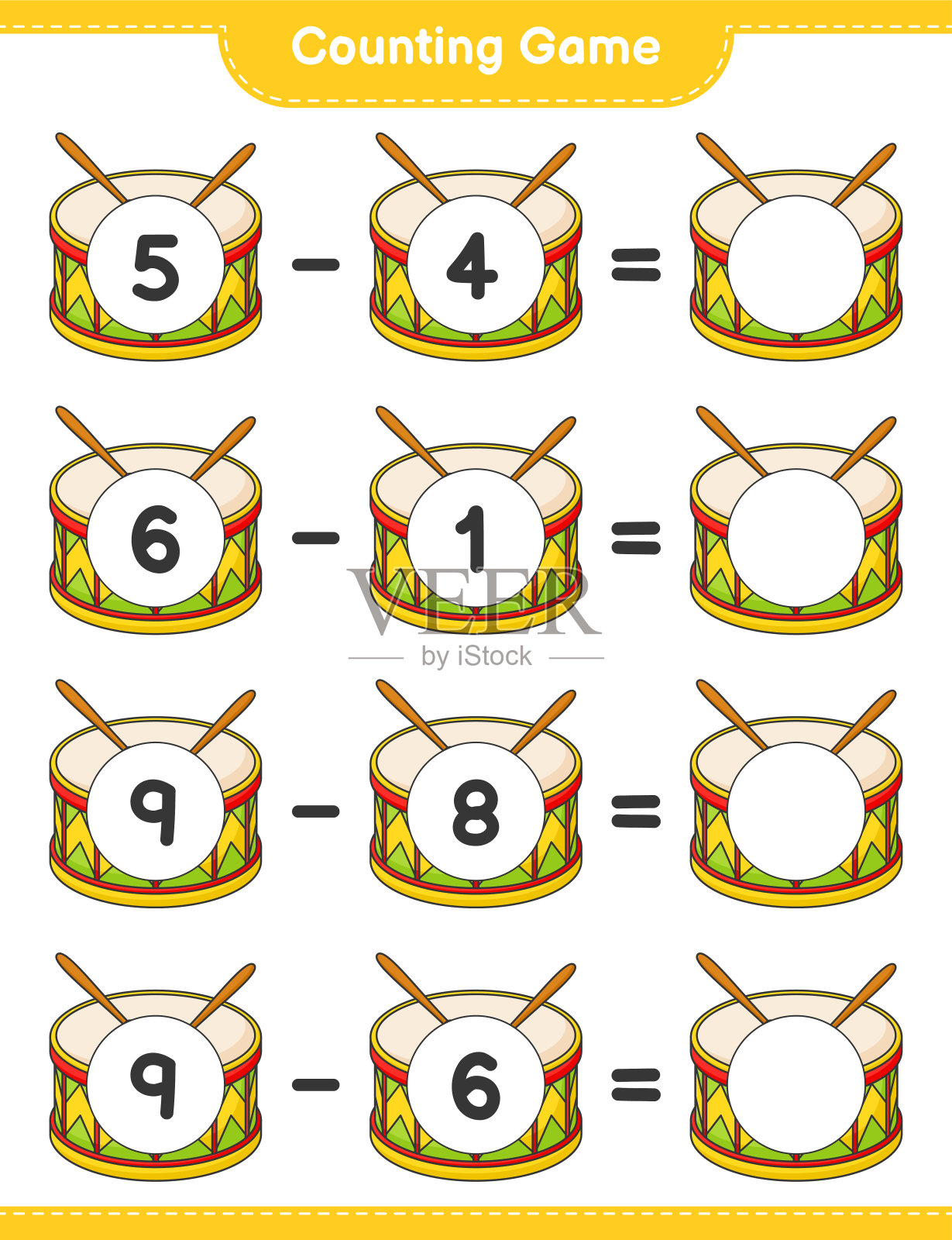 数和匹配，数鼓的数目，并与正确的数字匹配。教育儿童游戏，可打印的工作表，矢量插图插画图片素材