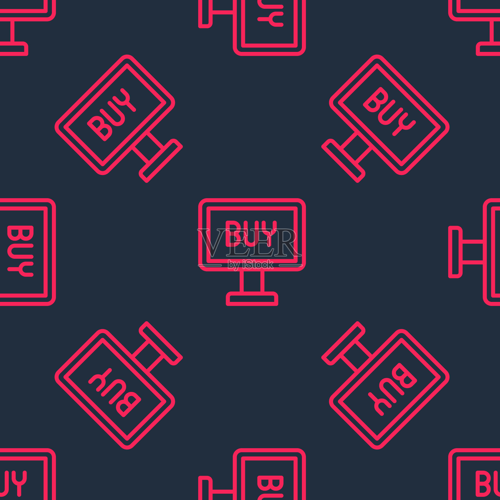 红线购买按钮图标孤立无缝模式上的黑色背景。向量插画图片素材