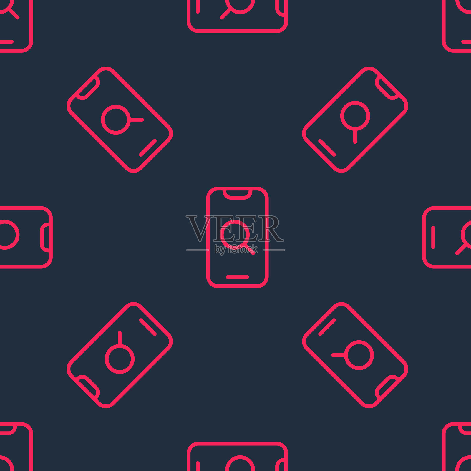 红线放大镜和移动图标孤立无缝图案上的黑色背景。搜索，聚焦，缩放，商业符号。向量插画图片素材