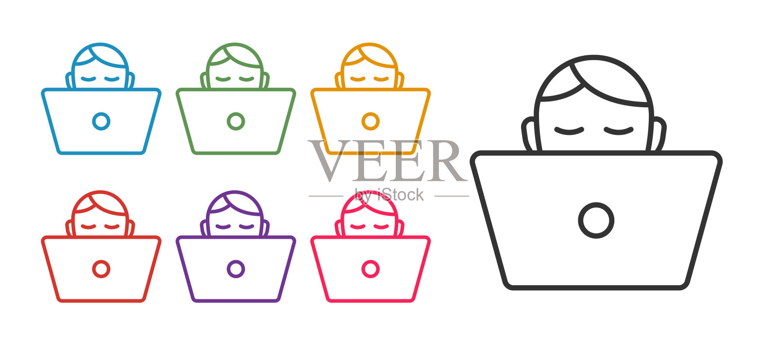 设置行自由职业者图标孤立在白色背景上。自由职业者在家里用笔记本电脑工作。在线工作，远程工作的概念。设置图标丰富多彩。向量插画图片素材