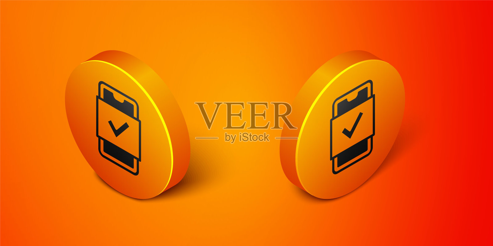 手机购物图标孤立在橙色背景上。网上购物的象征。超市篮的象征。橙色圆按钮。向量图标素材