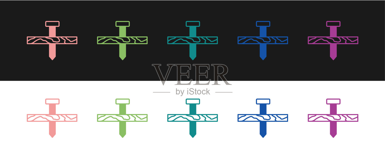 设置金属钉和木板图标孤立在黑白背景上。向量图标素材