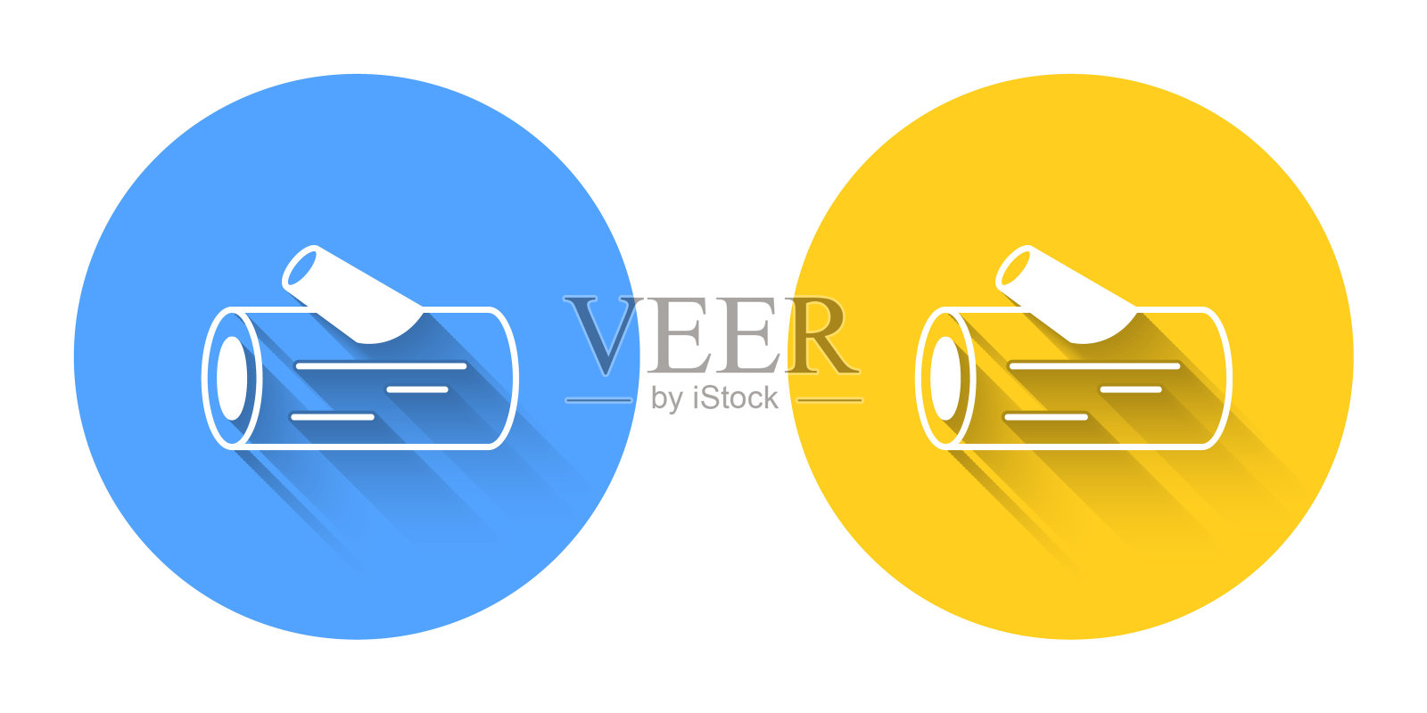 白色木制原木图标孤立与长阴影背景。堆柴火。圆按钮。向量图标素材