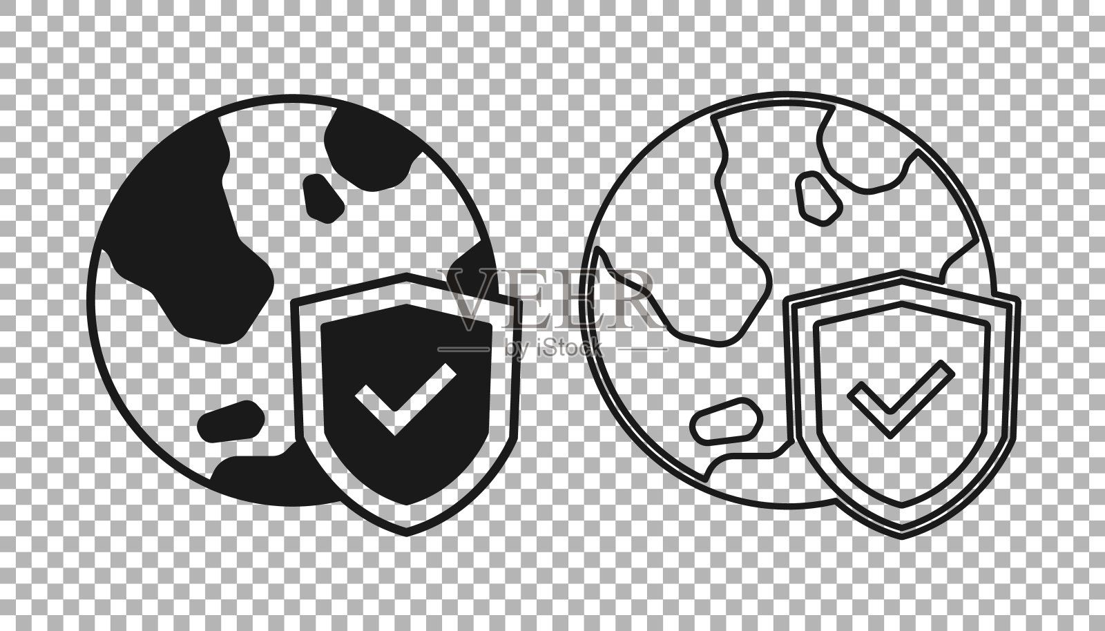 黑盾与世界图标孤立在透明的背景上。保险的概念。安全、安全、保护、隐私理念。向量图标素材