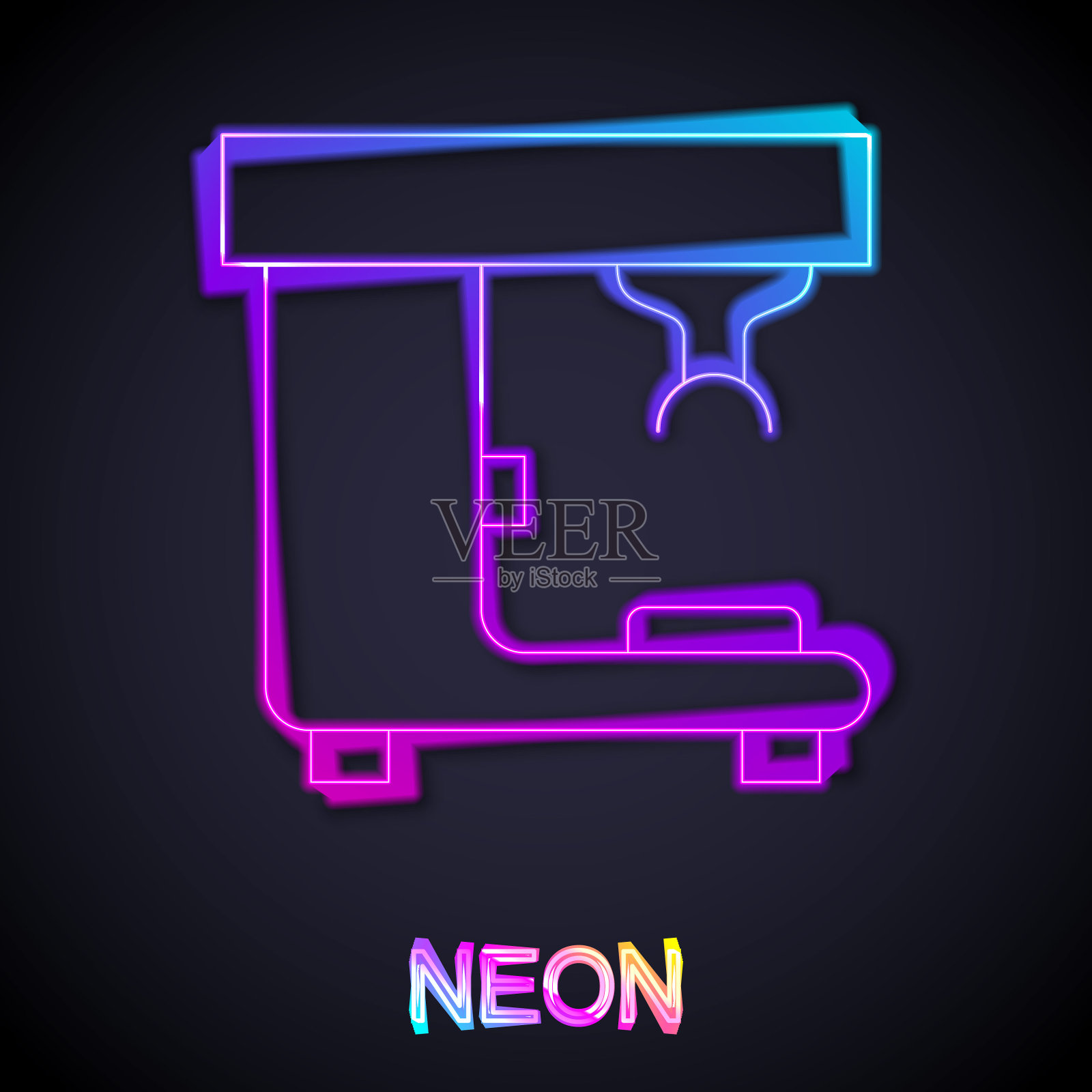 发光的霓虹灯线咖啡机图标孤立在黑色背景。向量插画图片素材