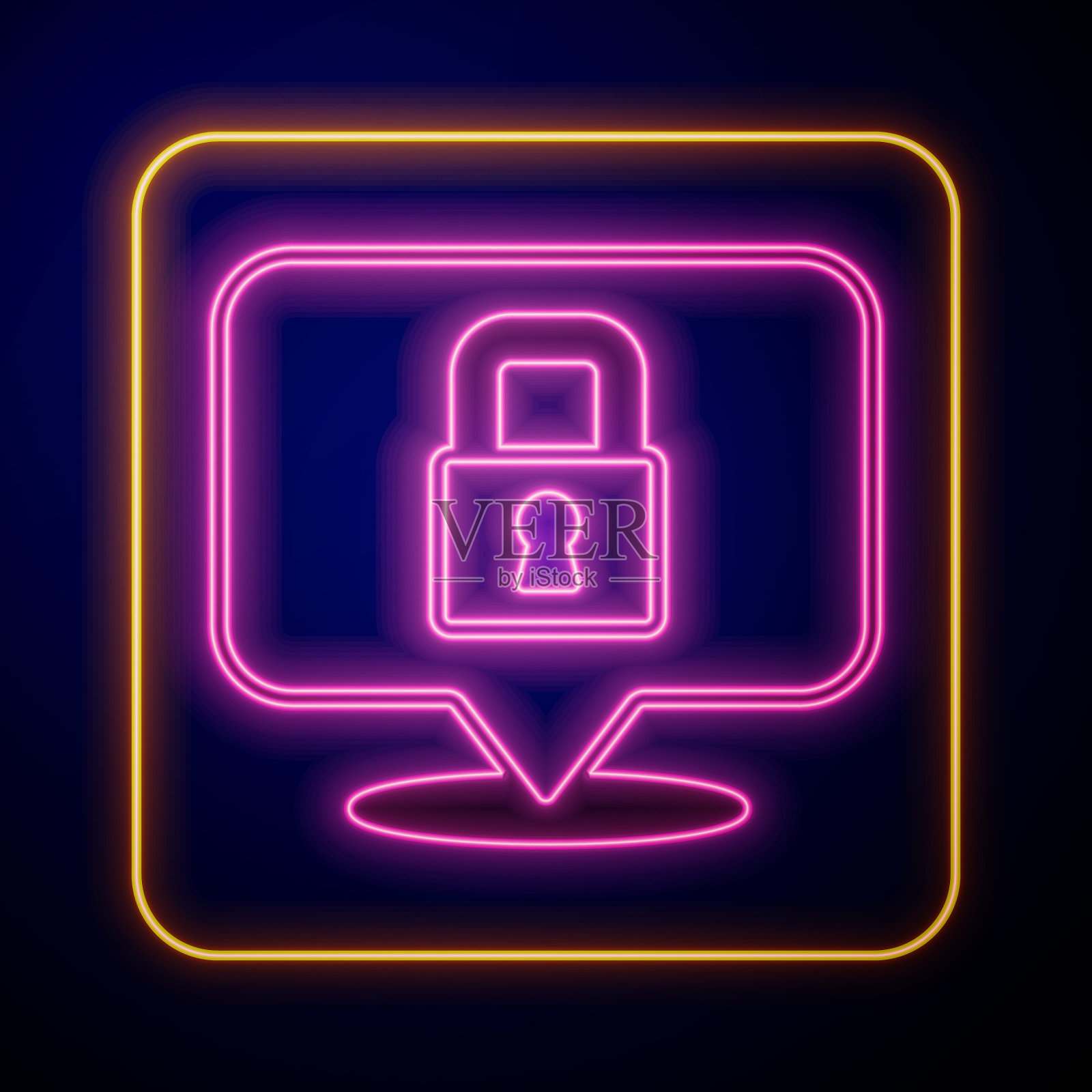 发光的霓虹灯锁定图标孤立在黑色背景。挂锁的迹象。安全、安全、保护、隐私理念。向量插画图片素材