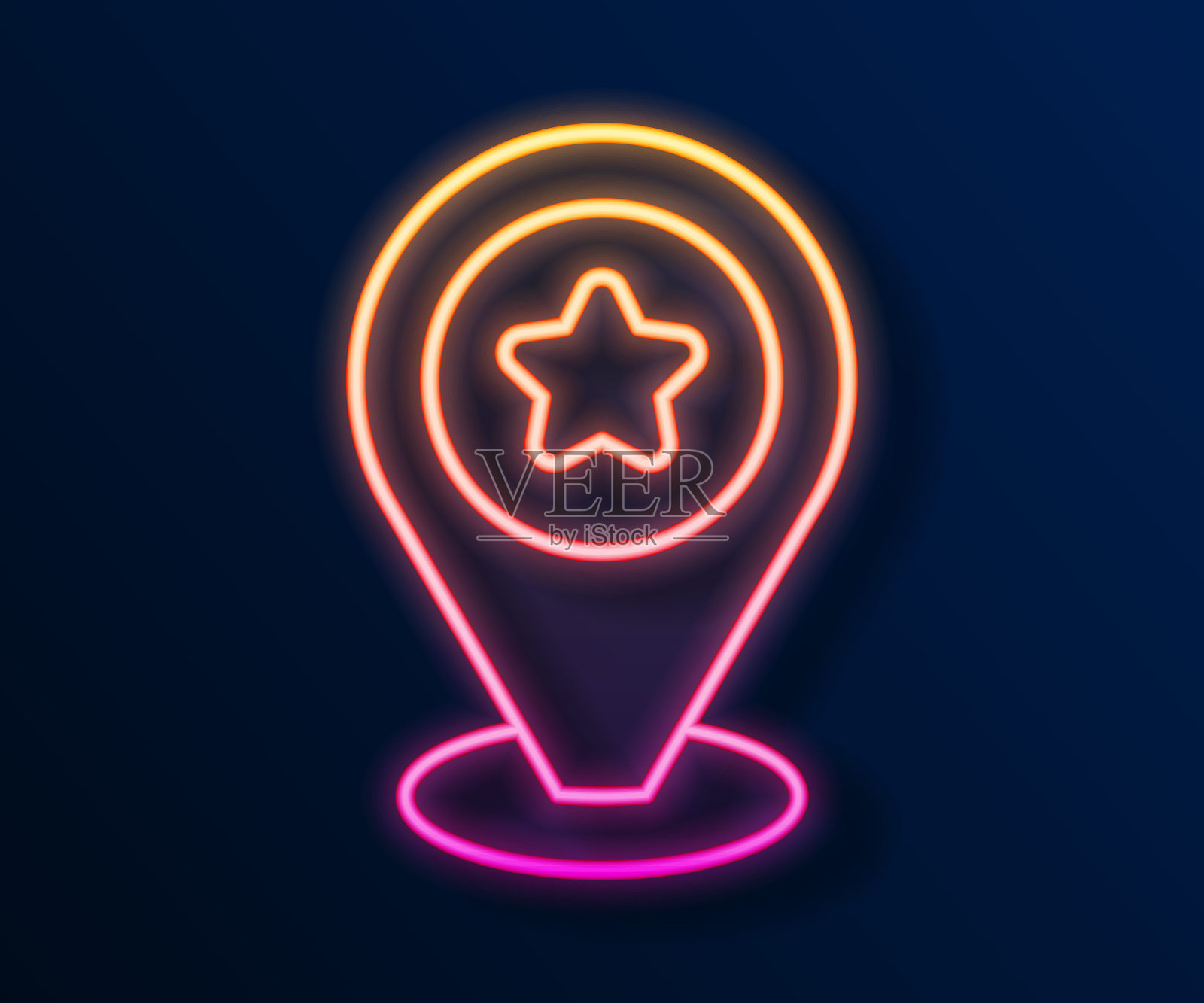 发光的霓虹灯线地图指针与星图标孤立在黑色背景。星号最爱的别针地图图标。地图标记。向量插画图片素材