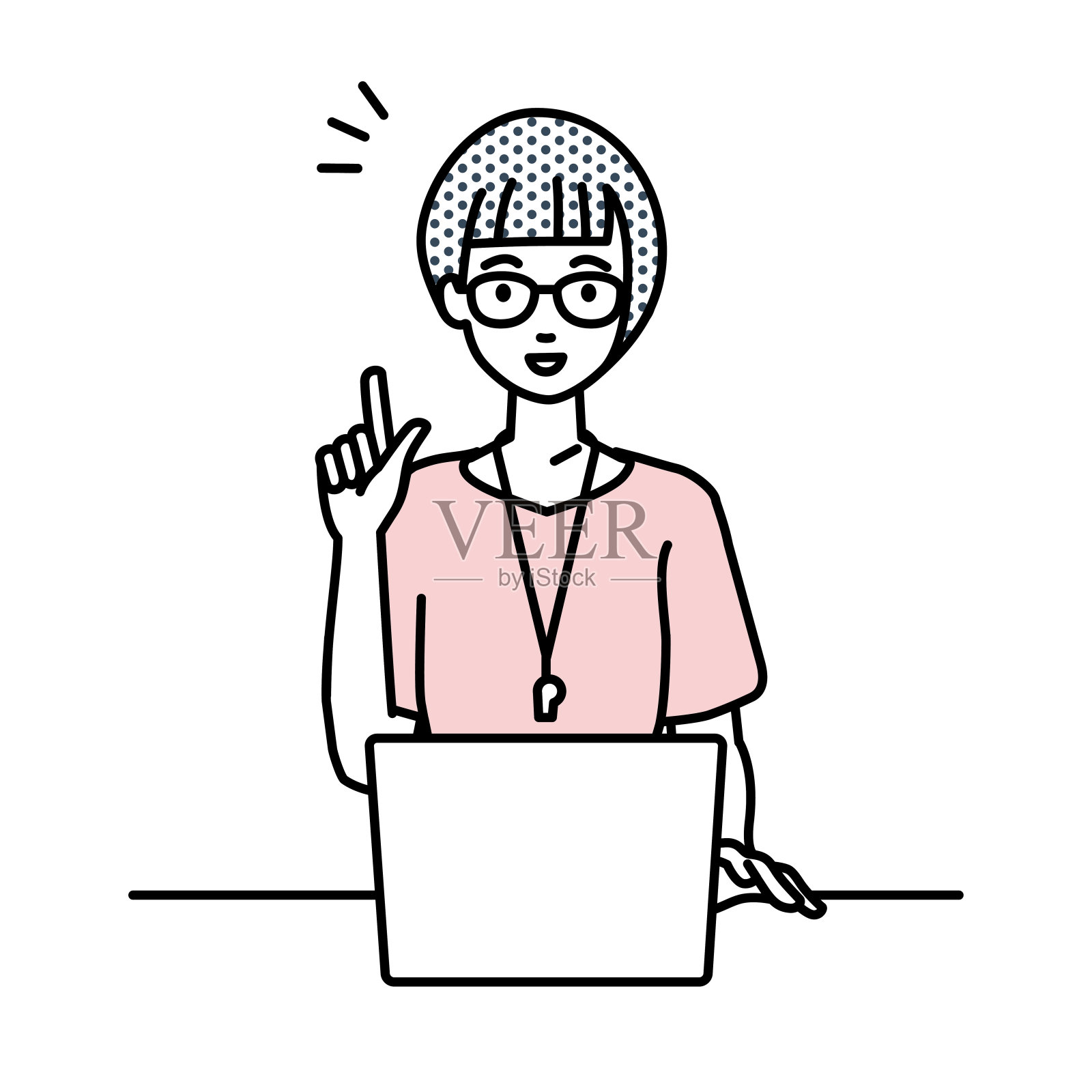 一名女教师使用笔记本电脑，用手指着她的桌子插画图片素材