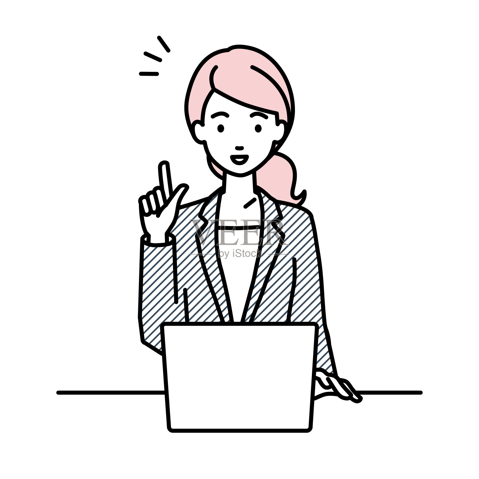 一位女士穿着职业装，一边用笔记本电脑，一边用手指着桌子，想办法插画图片素材