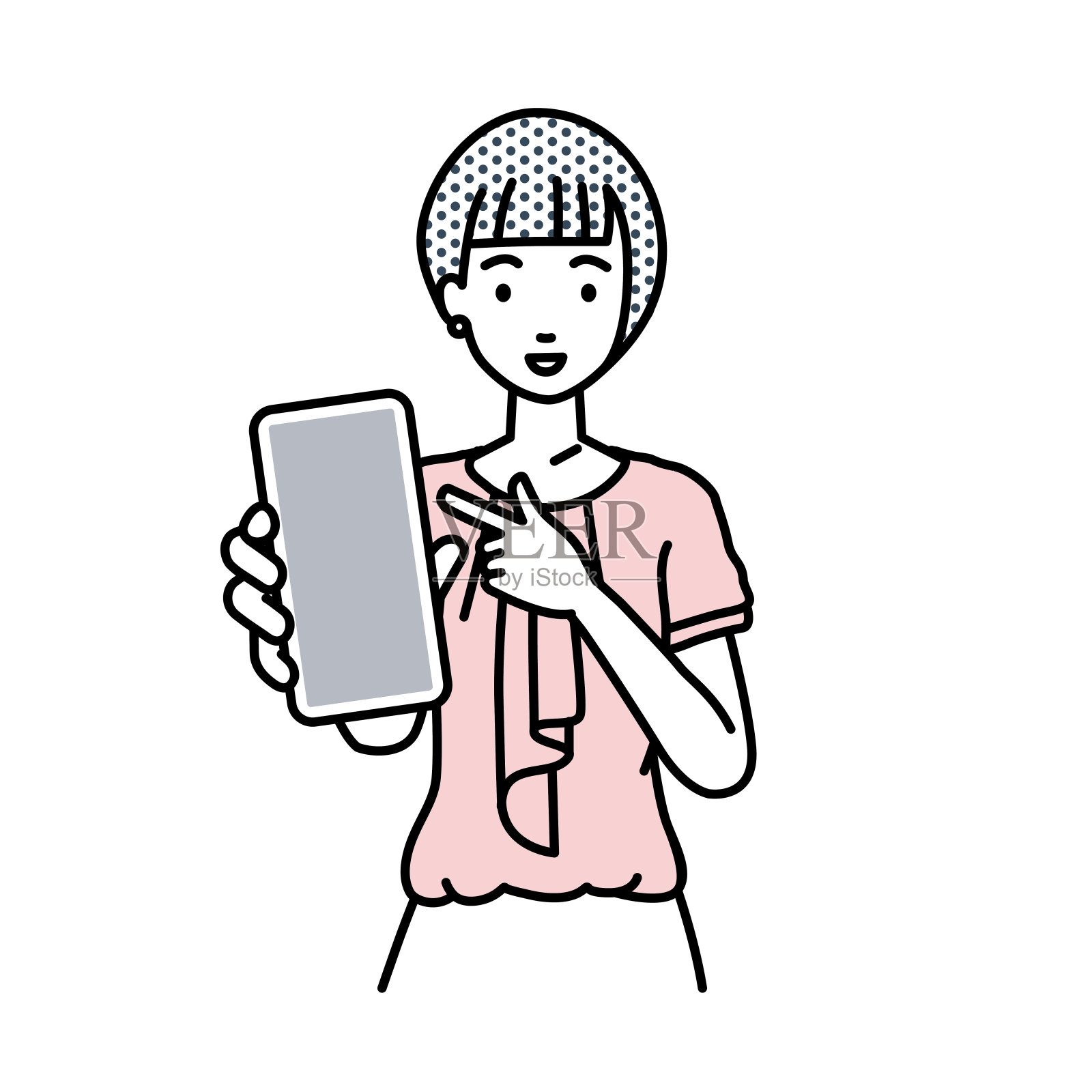 一个工作风格随意的女人微笑着推荐、求婚、展示和指着智能手机的模拟屏幕插画图片素材