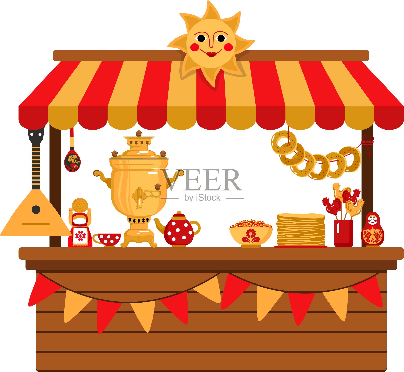 忏悔节市场停滞不前。户外音乐节的立场。亭。纪念品亭。向量插画图片素材