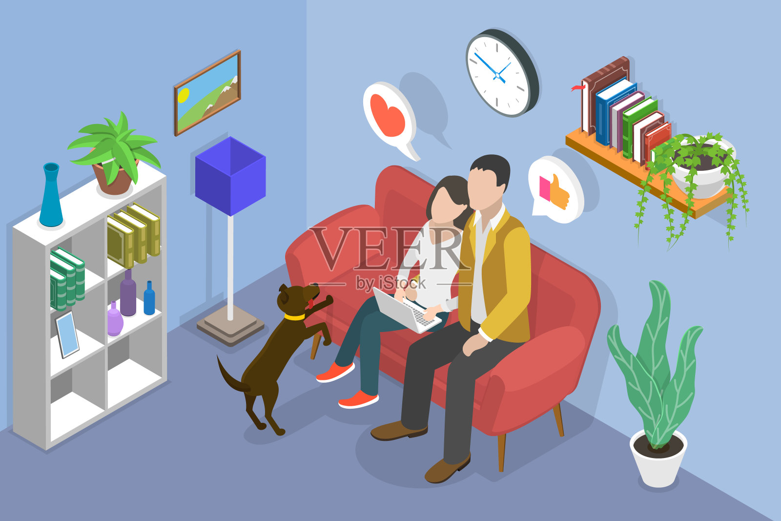 与笔记本电脑夫妇的三维等距平面矢量概念插图插画图片素材